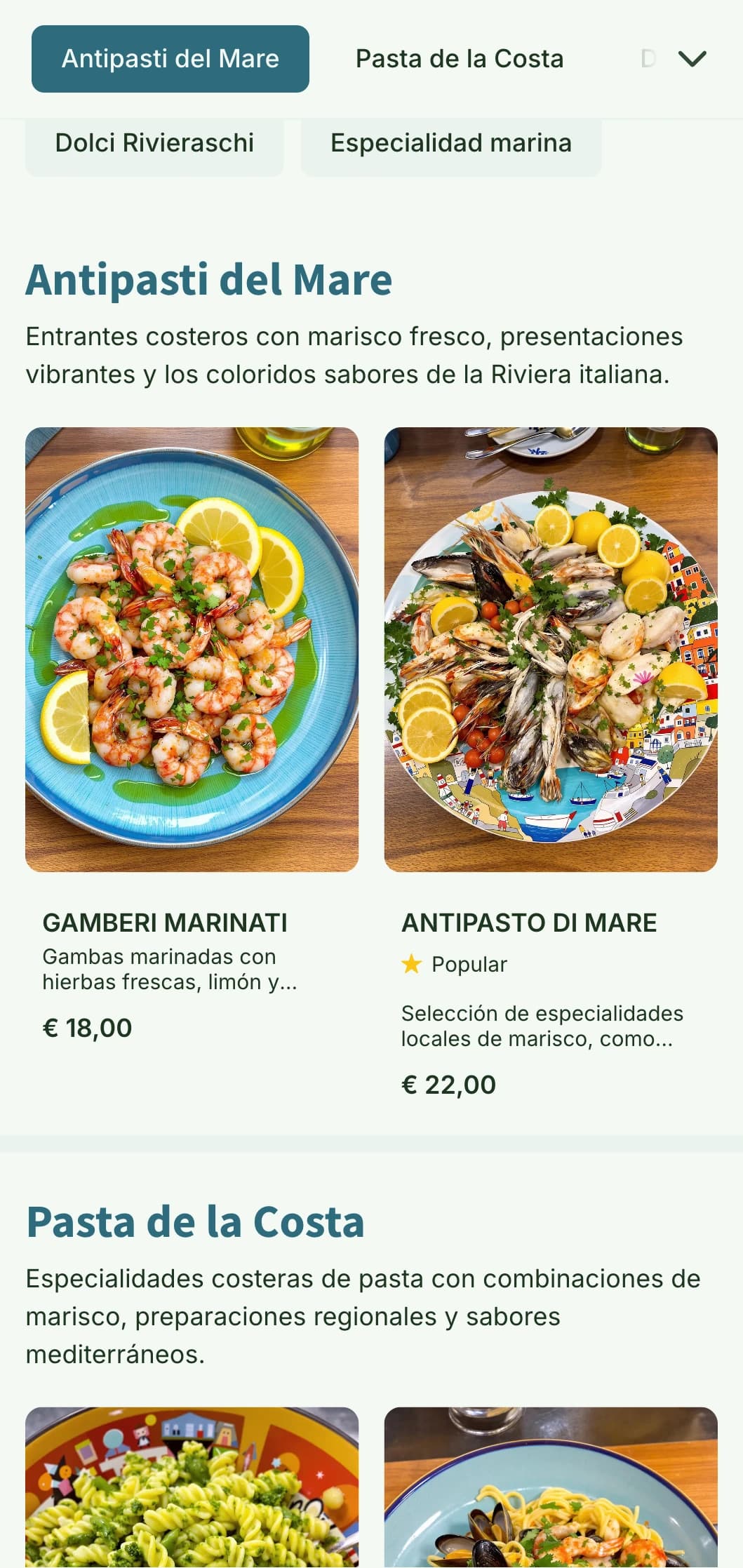 Diseño vibrante inspirado en los coloridos pueblos pesqueros de Cinque Terre y la cocina costera italiana.