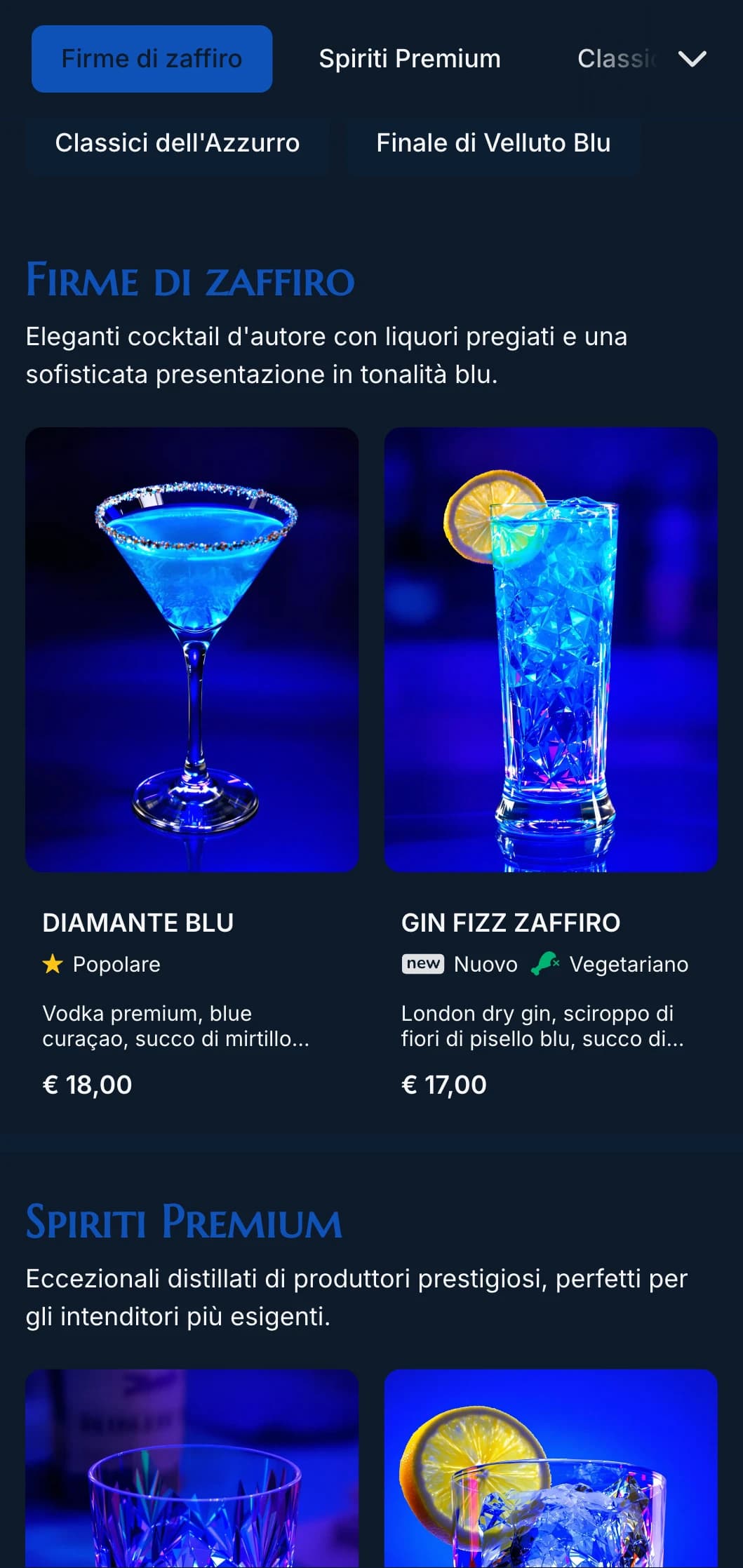 Un design lussuoso e ispirato alle gemme per cocktail lounge di alto livello, caratterizzato da toni blu intensi e da una tipografia elegante.