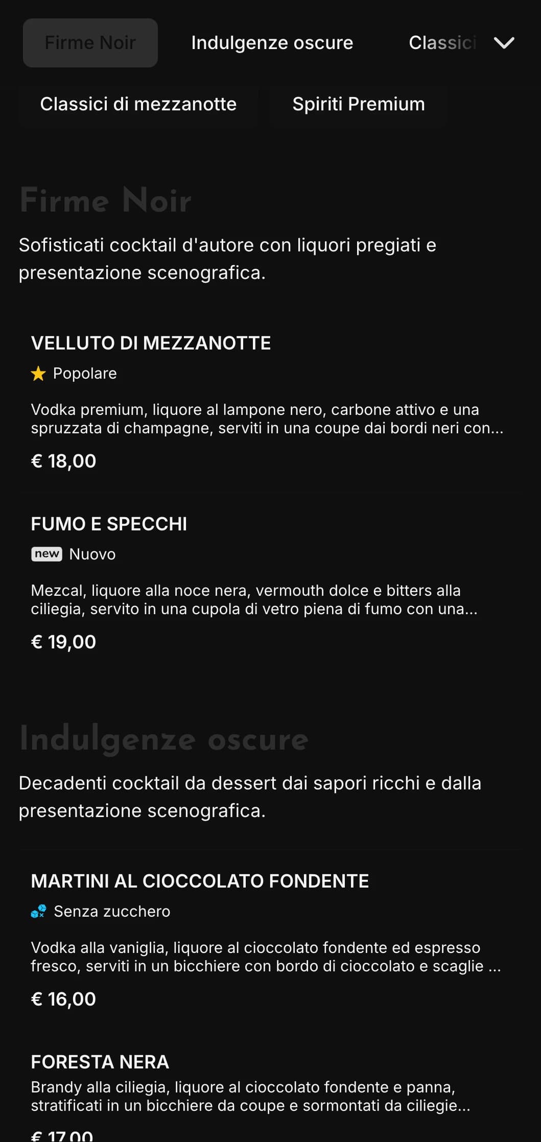 Un design elegante e scuro per cocktail lounge e locali notturni contemporanei, caratterizzato da elementi ad alto contrasto e da una tipografia audace.