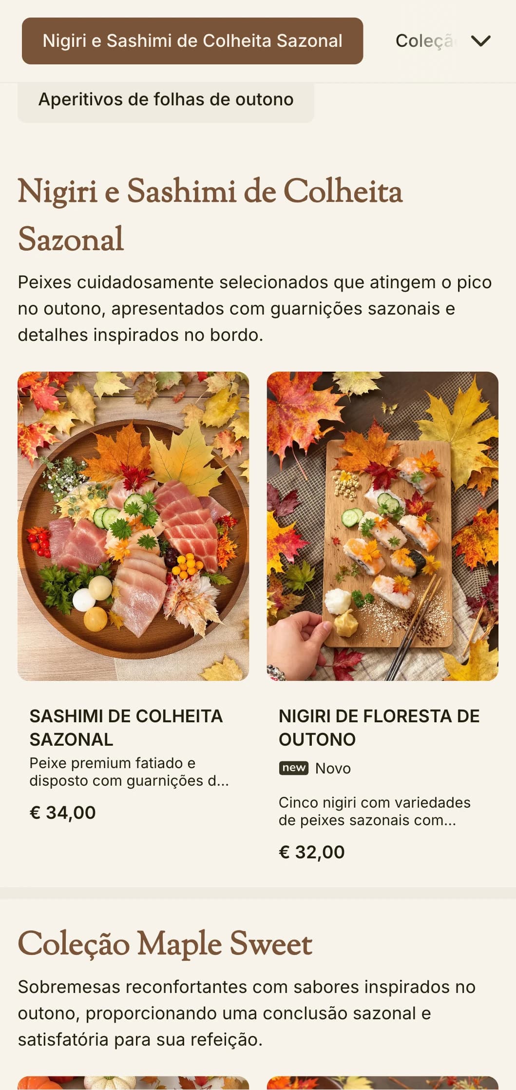 Menu de sushi sazonal e aconchegante, com ricos tons de bordo e elementos inspirados no outono para um jantar tradicional.