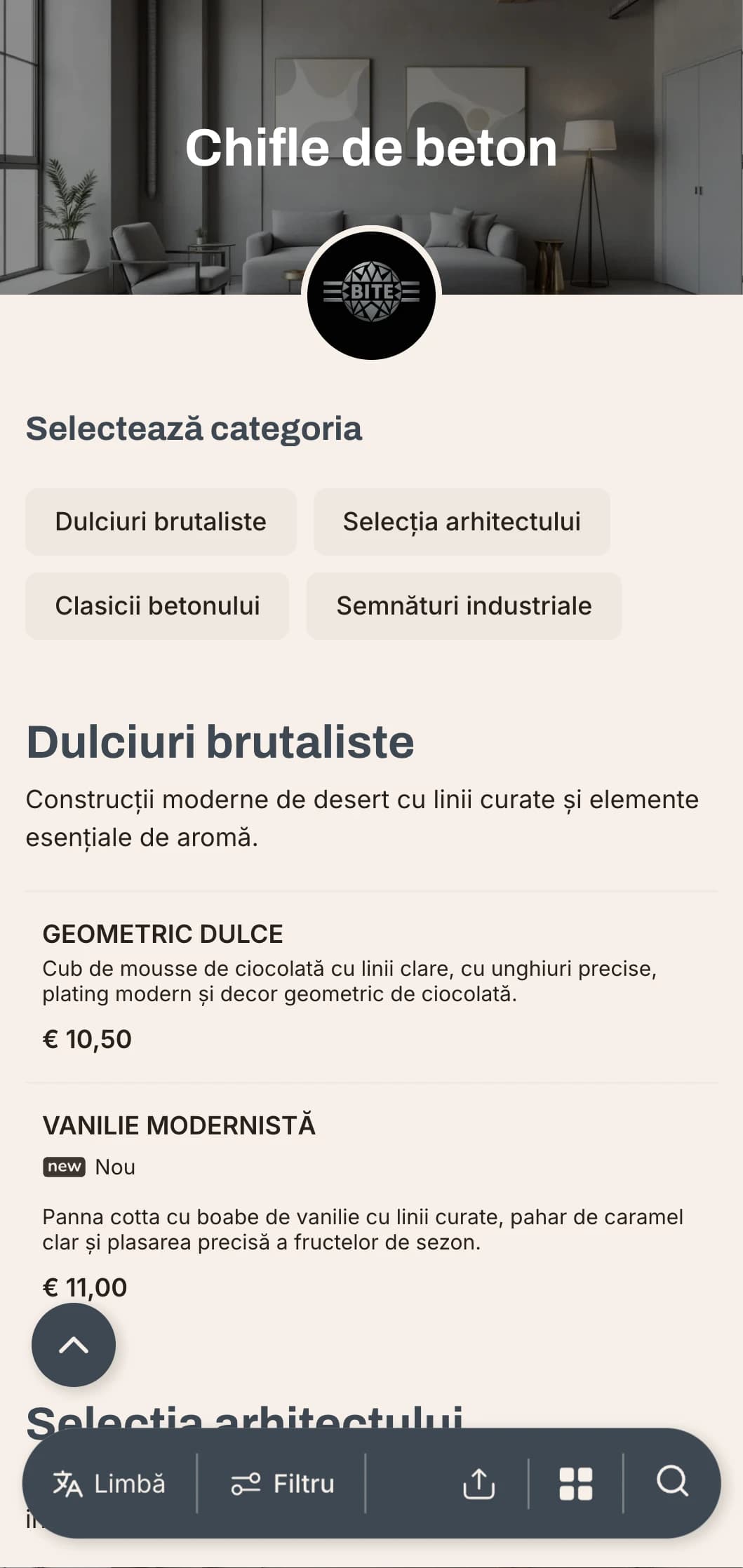 Concept industrial-minimalist de burger cu texturi de beton și finisaje metalice elegante pentru urbanul modern.