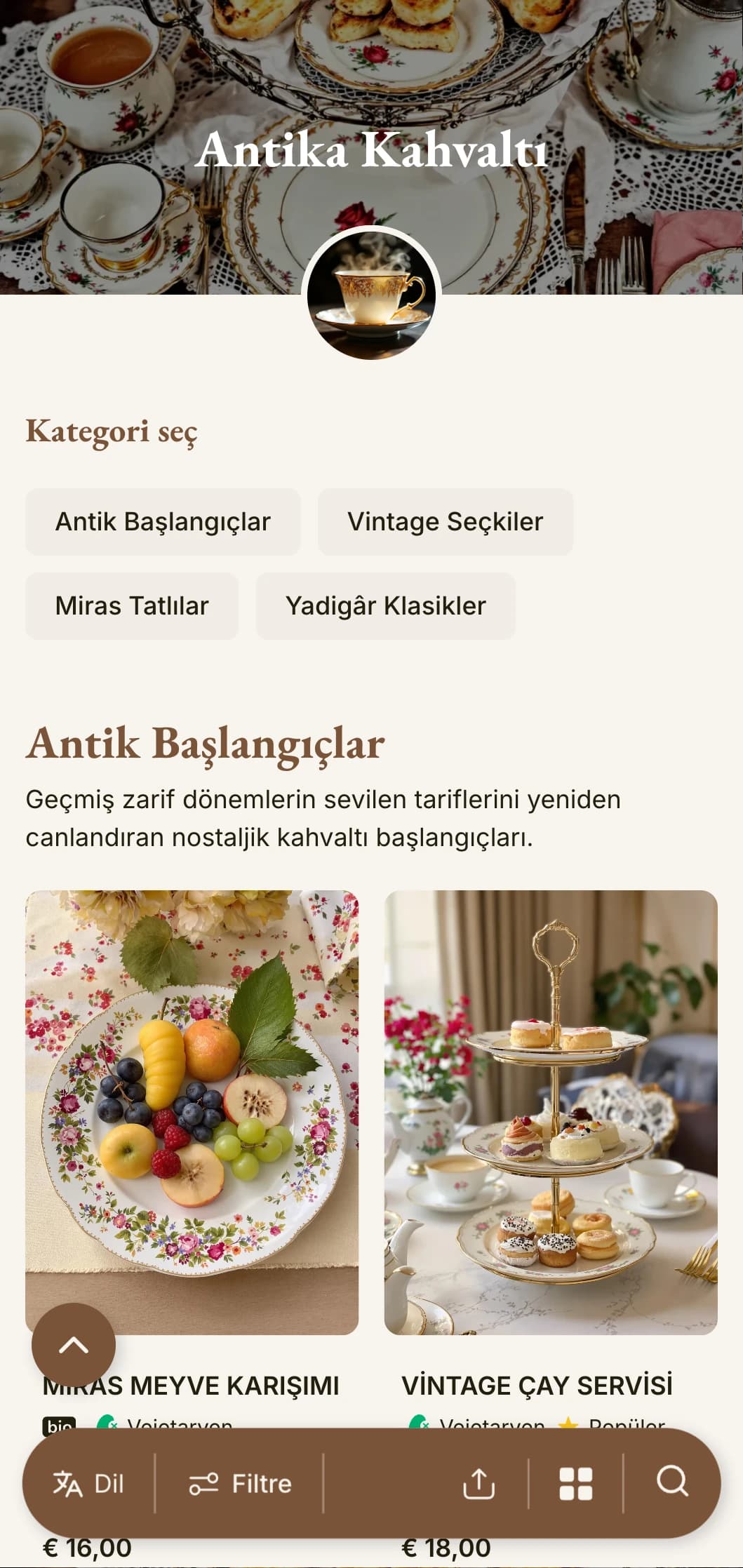Aile yadigârı tariflerden esinlenen nostaljik sabah seçkileri, vintage cazibesi ve klasik zarafetle sunuluyor.
