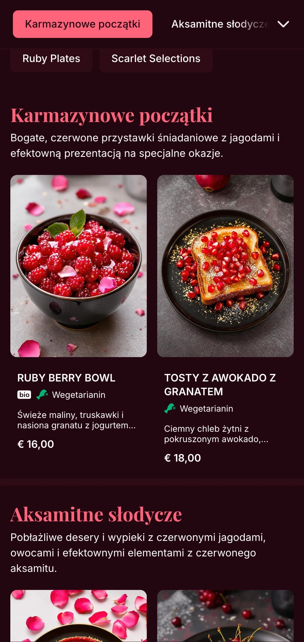 Bogaty, czerwony szablon brunchowy z luksusowymi detalami, odpowiedni na romantyczne brunche i specjalne okazje.