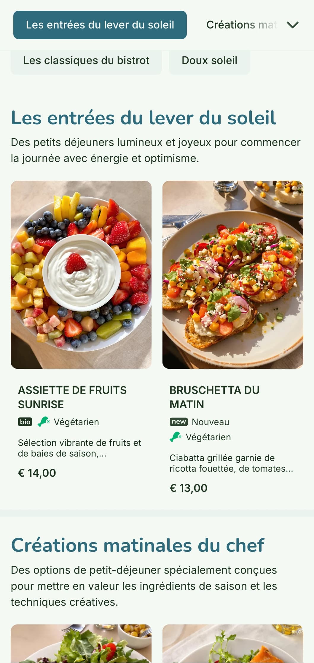 Un menu petit-déjeuner gai et lumineux, avec des ingrédients frais et colorés, dans un cadre de bistrot décontracté mais raffiné.