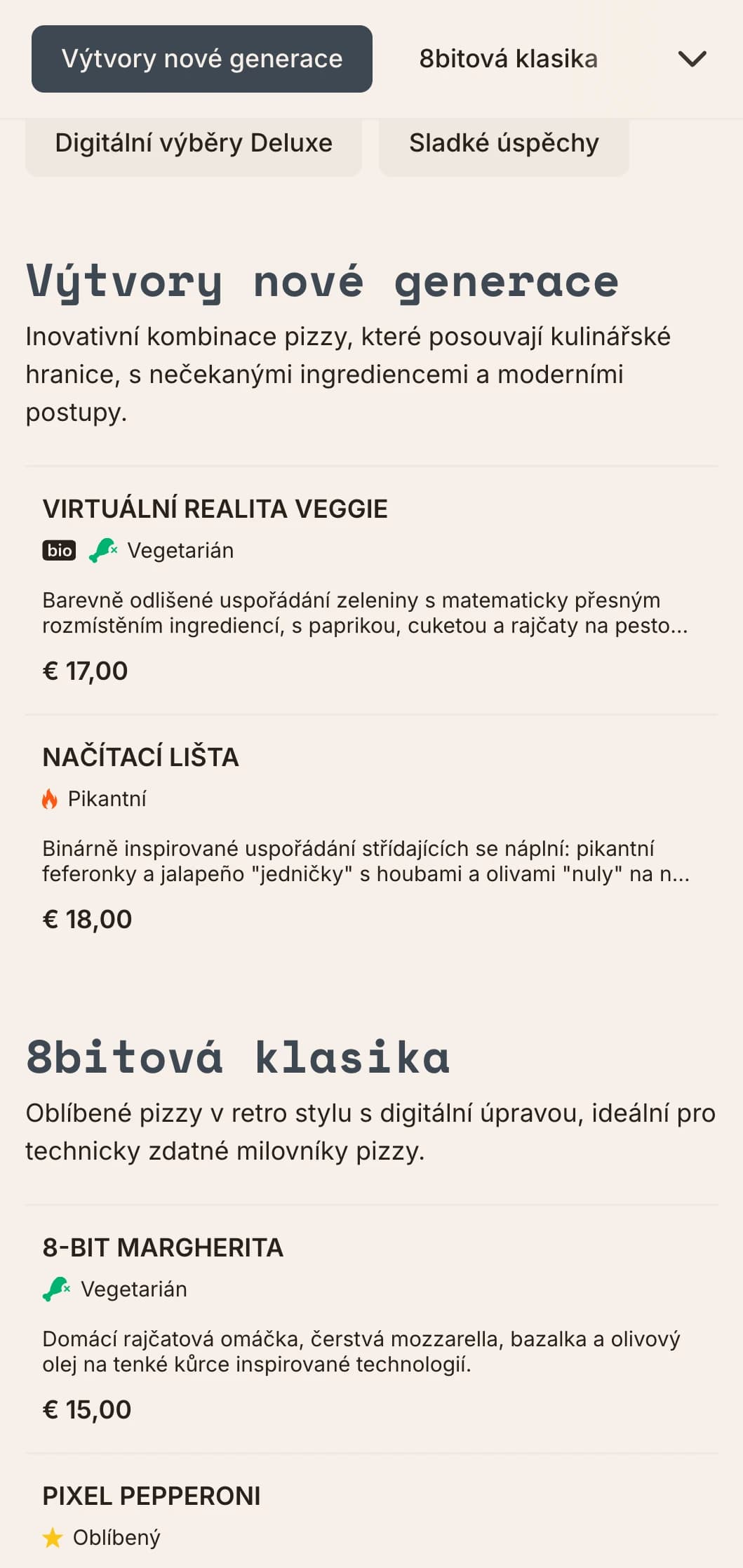 Moderní menu pizzy inspirované technologiemi s digitální estetikou pro inovativní koncepty pizzy.