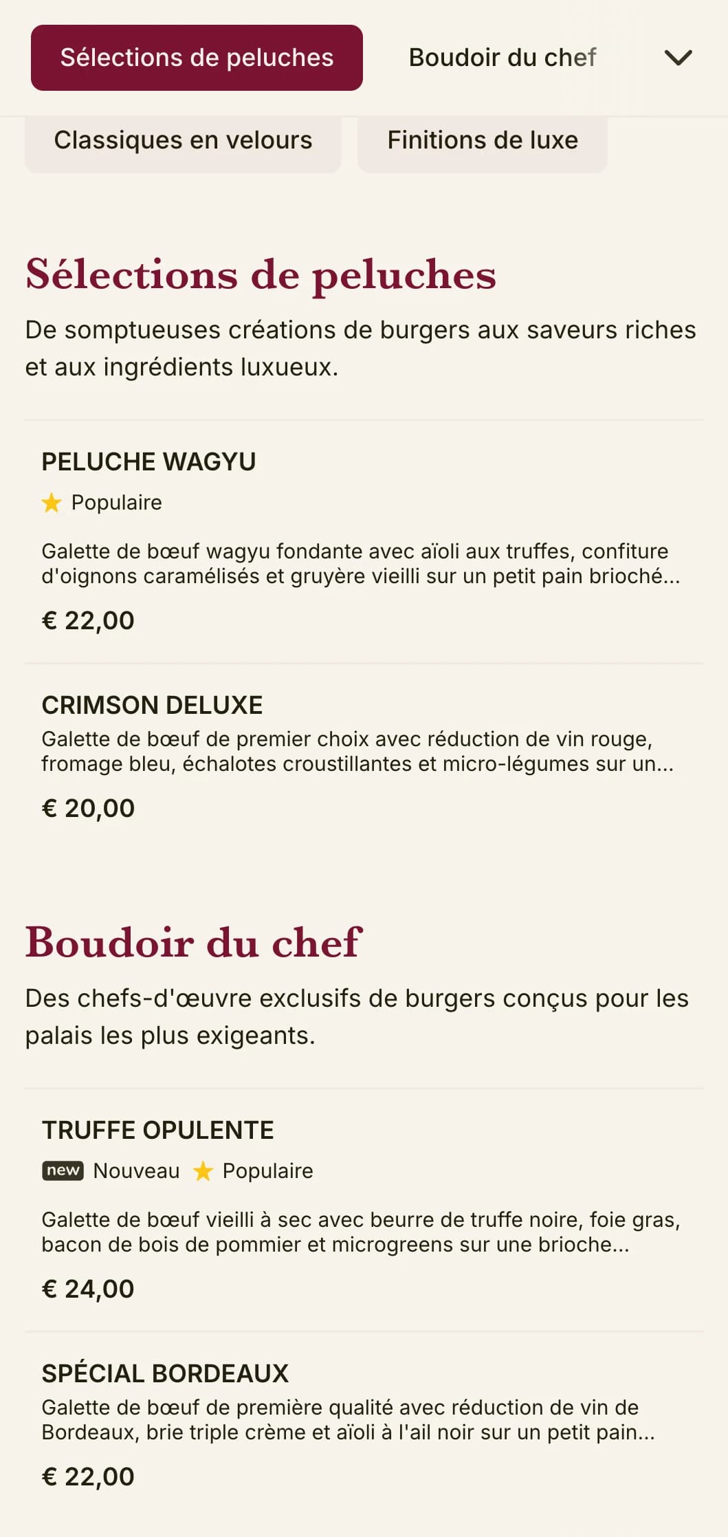 Salon du hamburger luxueux et cossu, avec des textures riches et une présentation opulente.
