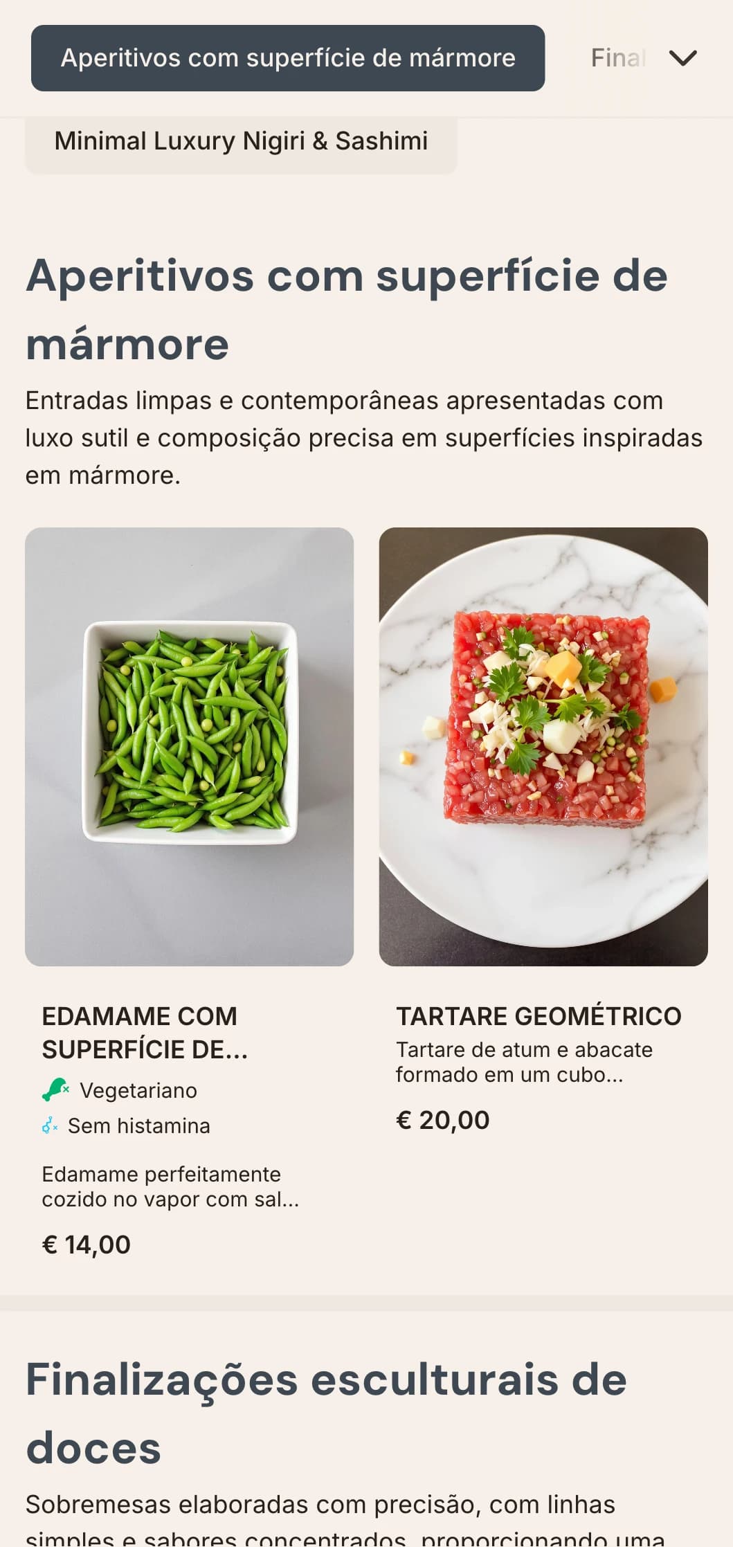 Luxuoso cardápio contemporâneo de sushi com texturas sutis de mármore e design minimalista e limpo.