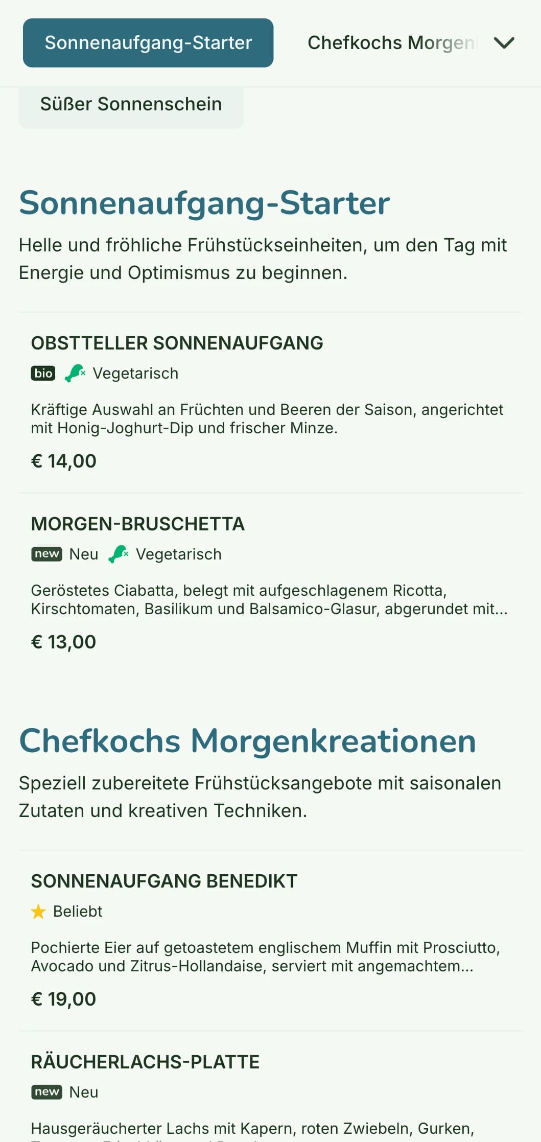 Helle, fröhliche Frühstückskarte mit frischen, farbenfrohen Zutaten in einem ungezwungenen, aber raffinierten Bistro-Ambiente.