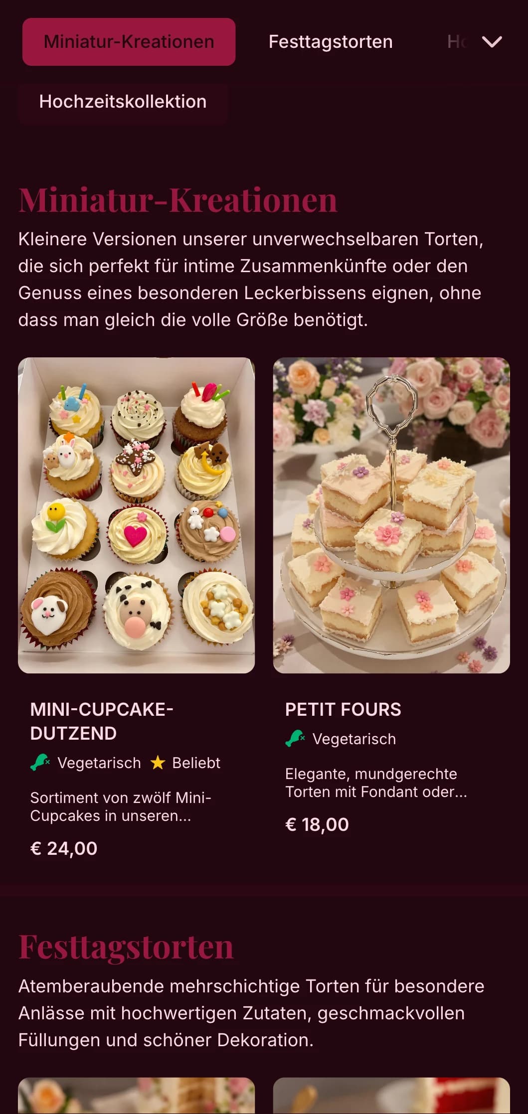 Ein luxuriöses, feminines Bäckerei-Menü-Design mit satten Rosatönen und eleganter Typografie, ideal für gehobene Konditoreien und Hochzeitstorten-Spezialisten.