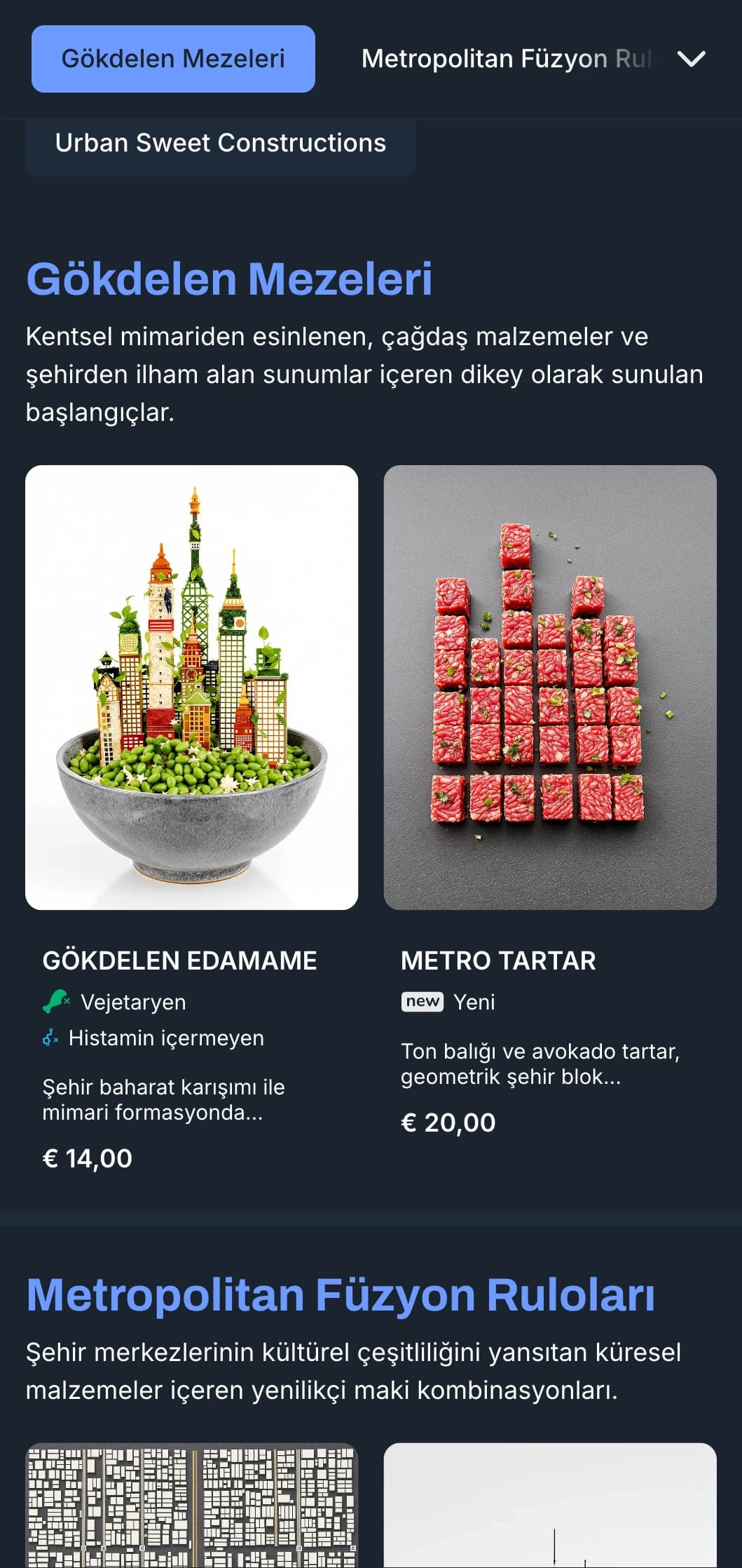Son moda mekanlar için soğuk mavi tonları ve kentsel tasarım öğeleri içeren çağdaş şehir esintili suşi menüsü.