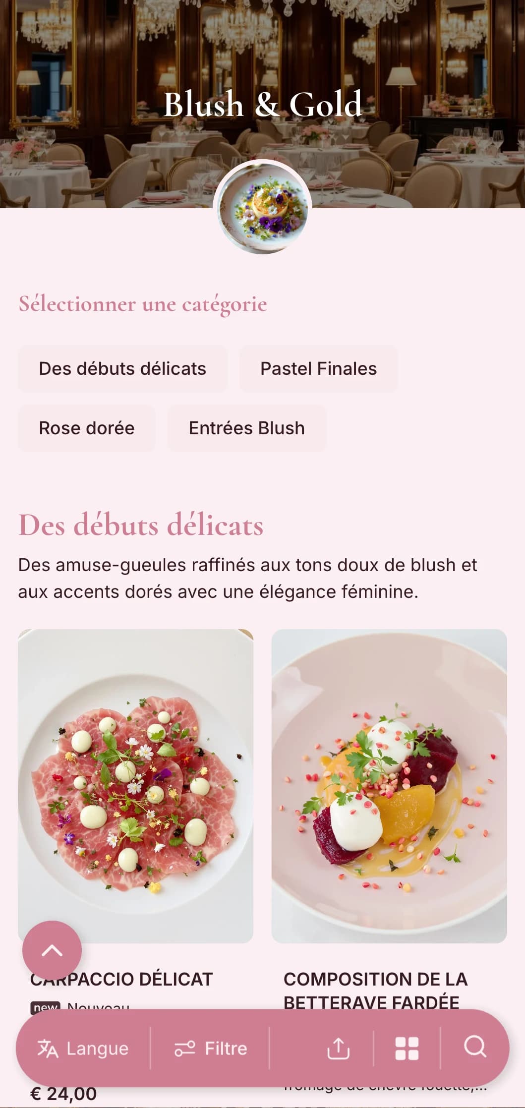 Un concept féminin raffiné avec des tons blush doux et d'élégantes touches d'or pour une expérience de luxe délicate.
