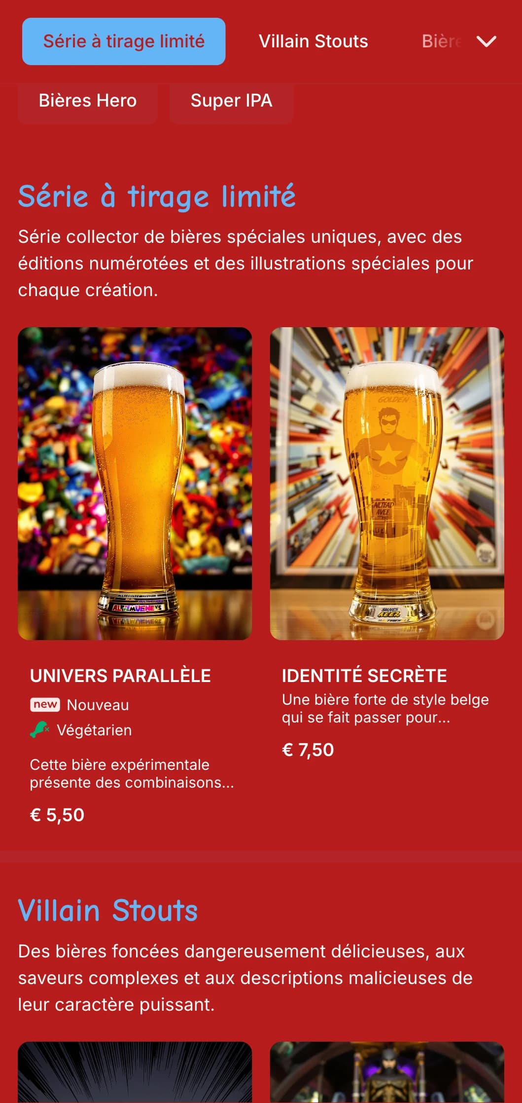Conception vibrante et ludique inspirée des bandes dessinées, avec des couleurs vives et des éléments graphiques pour les établissements de bière à thème.