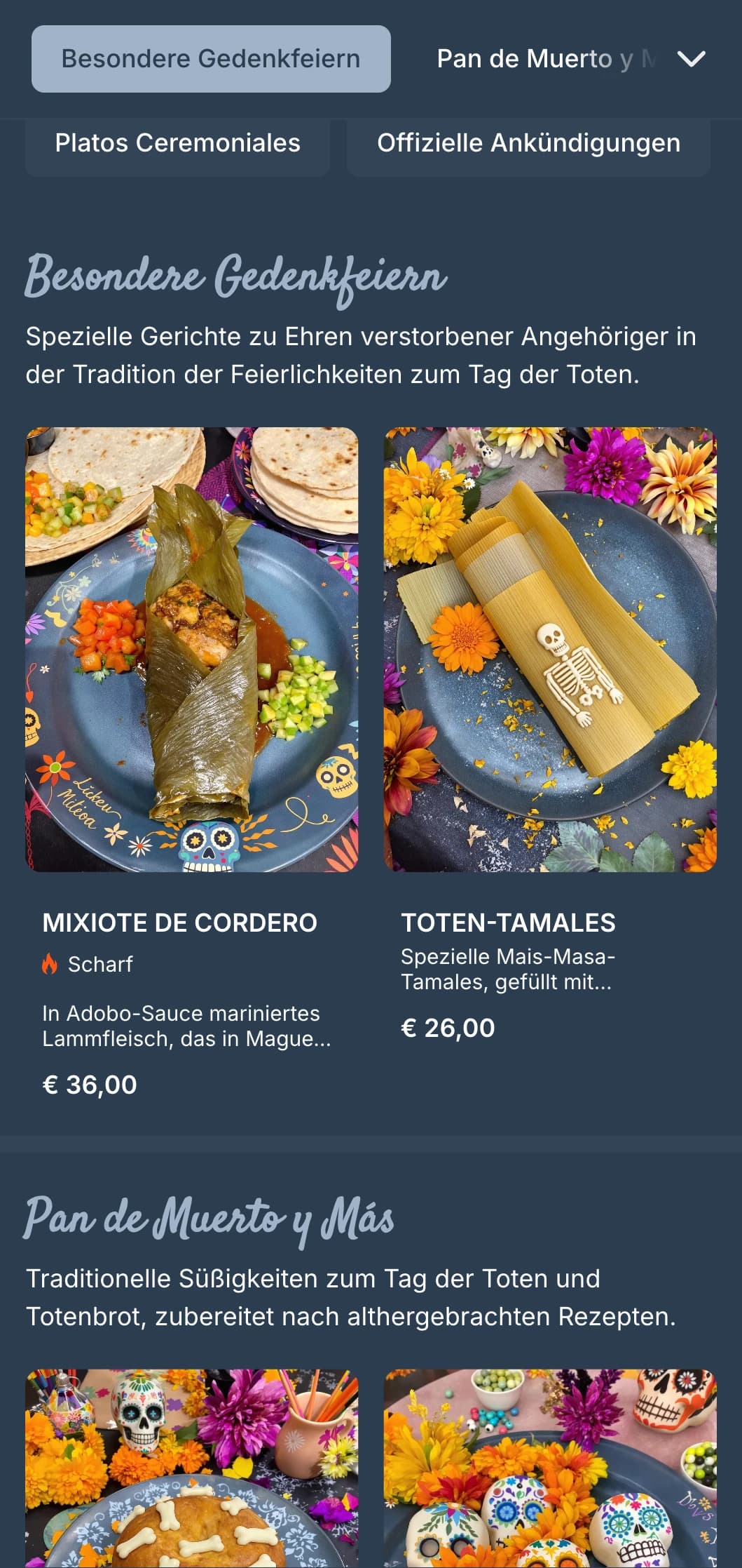 Kunstvolle und feierliche Speisekarte zum Tag der Toten mit satten blaugrauen Tönen, Zuckerschädel-Motiven und besonderen saisonalen Angeboten.