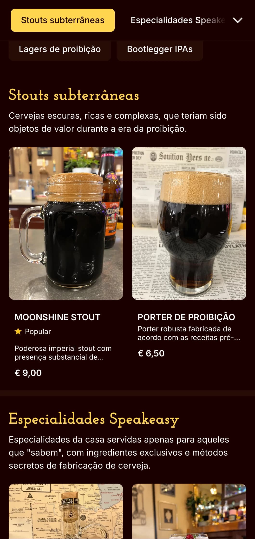Design clandestino e vintage da era da proibição com tons escuros e estética secreta, ideal para bares de cerveja com tema de speakeasy.
