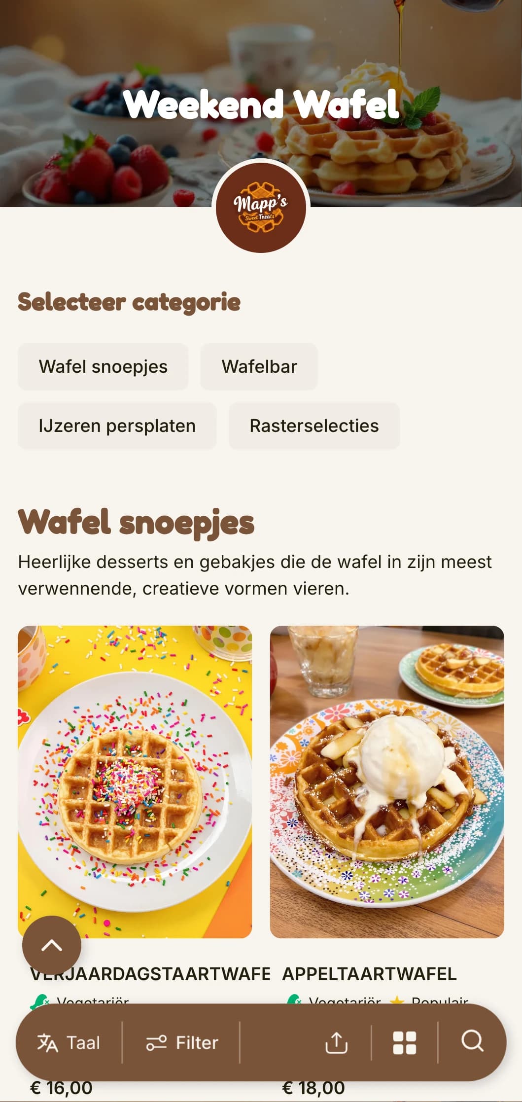 Warm, speels brunchsjabloon gericht op wafels en zoete ontbijtaanbiedingen, ideaal voor gezinsvriendelijke cafés.