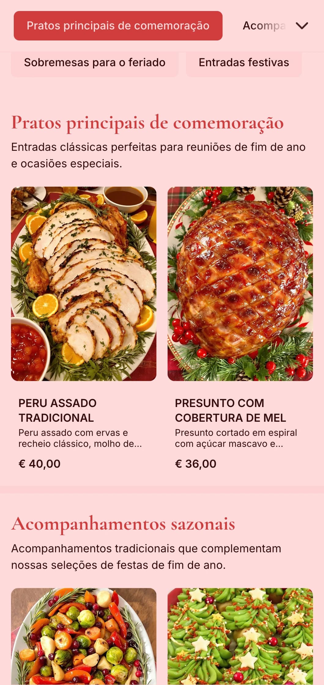 Serviço de bufê tradicional com tema de férias, com especialidades sazonais, apresentação festiva e elementos comemorativos para reuniões de inverno e ocasiões especiais.