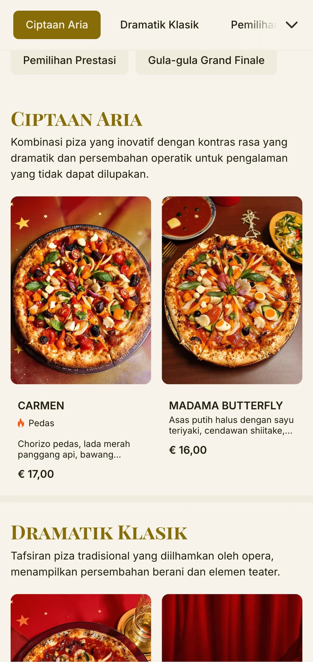 Menu piza teater yang diilhamkan oleh opera Itali dengan hierarki visual yang dramatik.