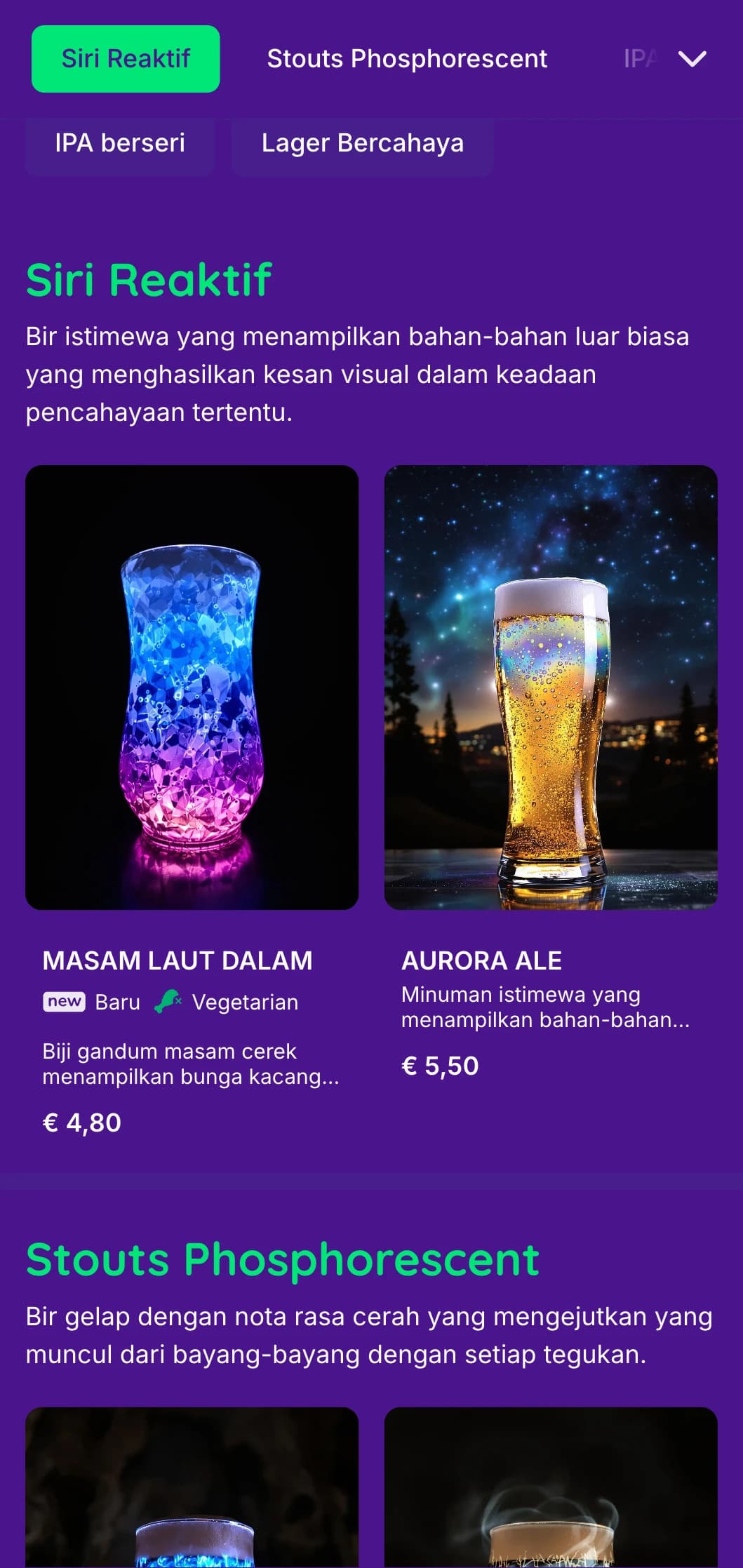 Reka bentuk halus dan ajaib dengan elemen bercahaya dan latar belakang yang dalam, sesuai untuk pengalaman bir istimewa yang unik.