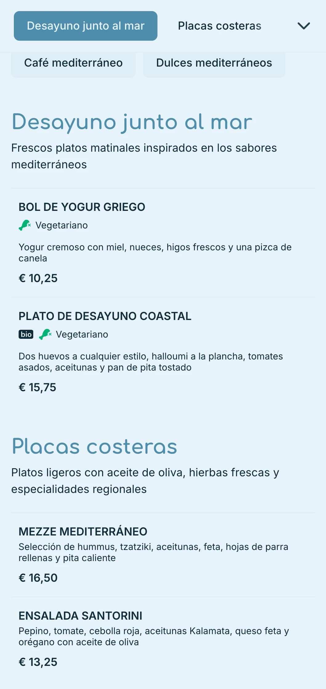 Refrescante paleta de azules inspirada en las aguas del Mediterráneo para cafeterías y bares costeros.