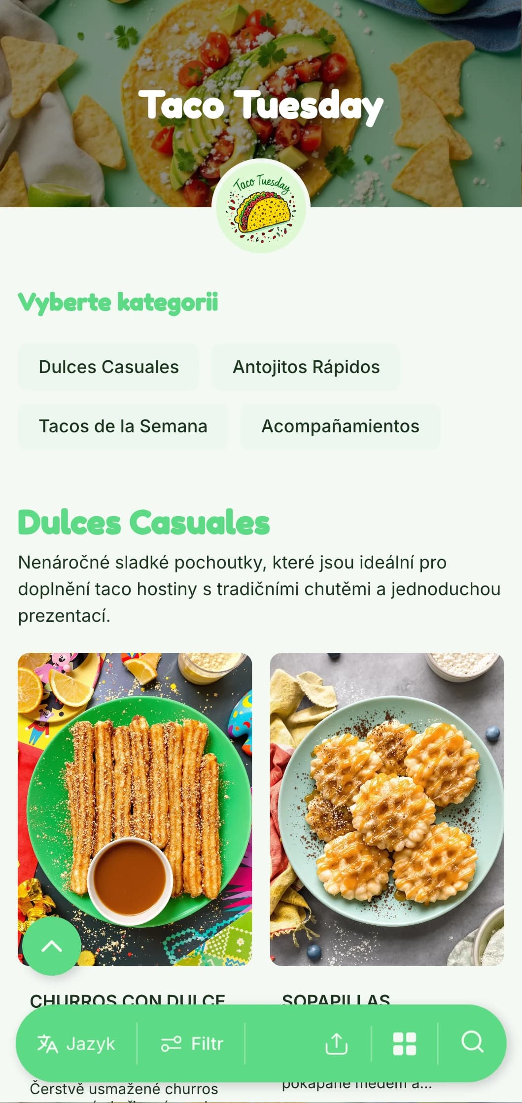 Zábavné a neformální menu zaměřené na taco se zářivě zelenými akcenty, hravými ilustracemi a kreativními variantami taco specialit pro všední dny.