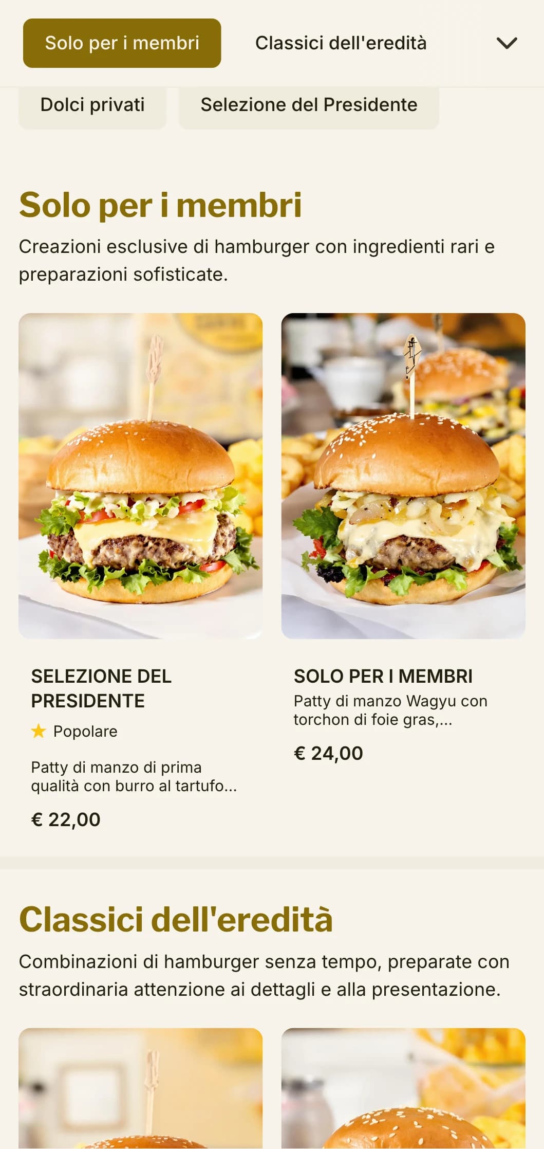 Esperienza di hamburger premium ispirata a un club privato, con un'atmosfera esclusiva e un servizio raffinato.