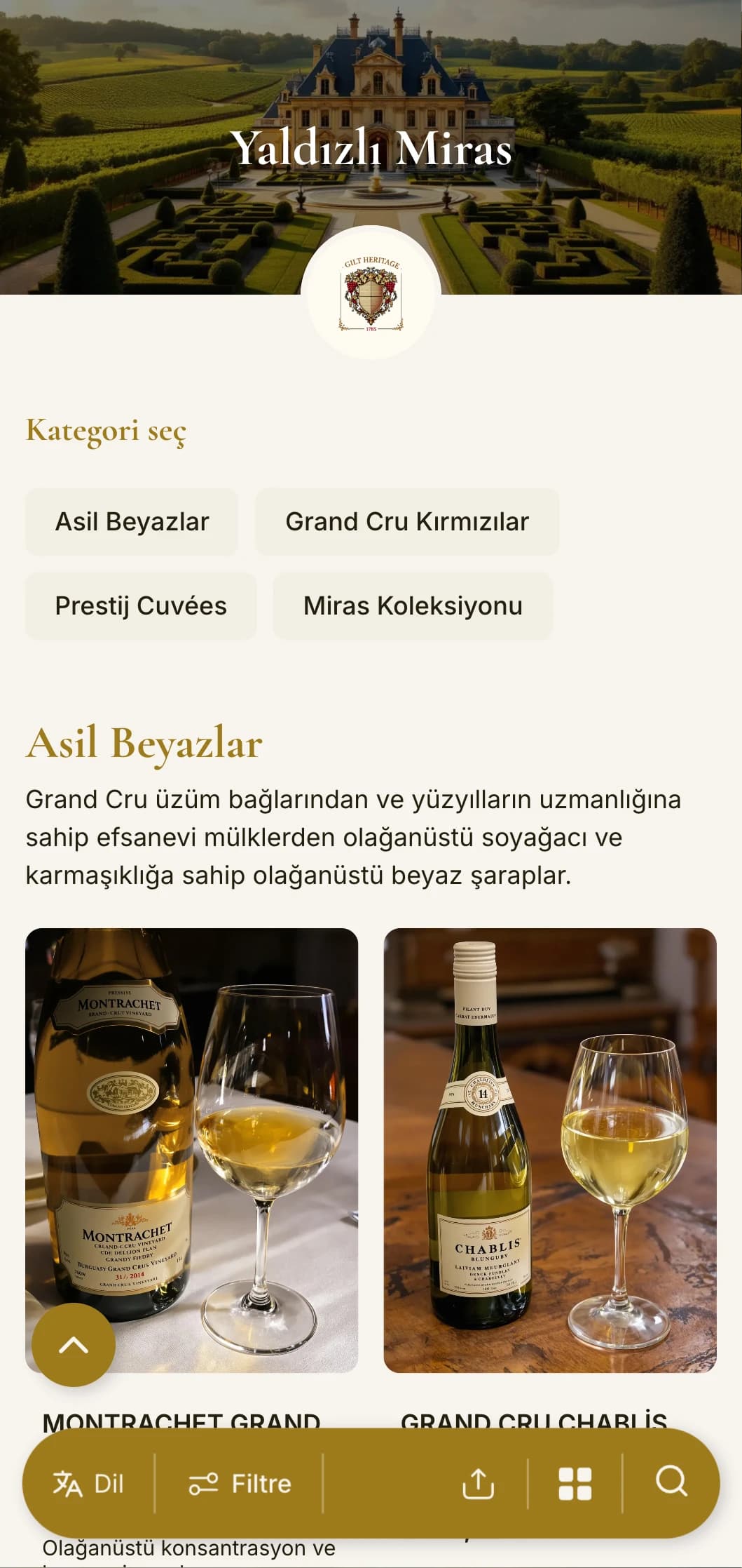 Altın vurgulara ve tarihi unsurlara sahip lüks ve geleneksel şarap listesi şablonu, köklü şarap imalathaneleri ve klasik fine dining restoranlar için mükemmeldir.
