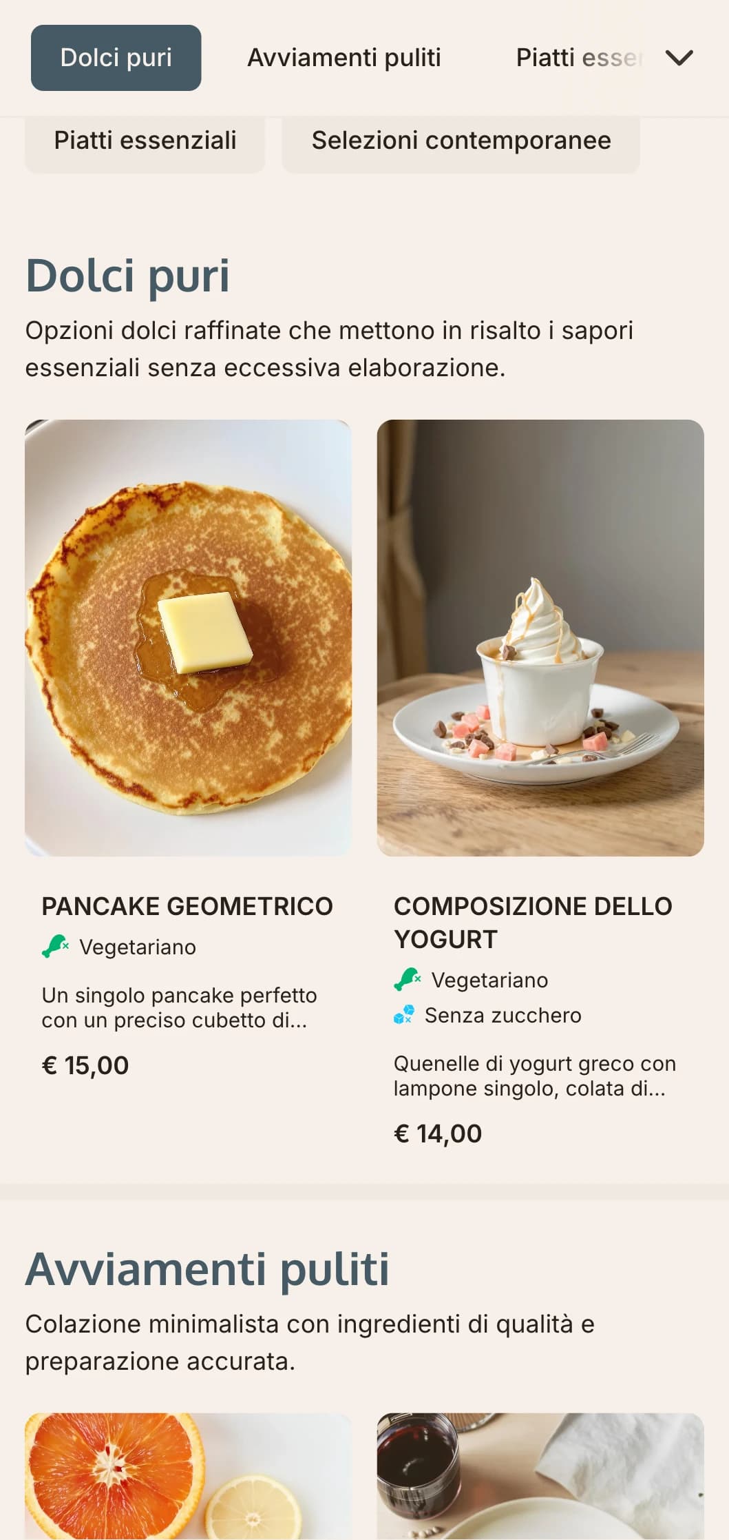 Menu mattutino contemporaneo caratterizzato da linee pulite, porzioni precise e combinazioni di ingredienti innovative.