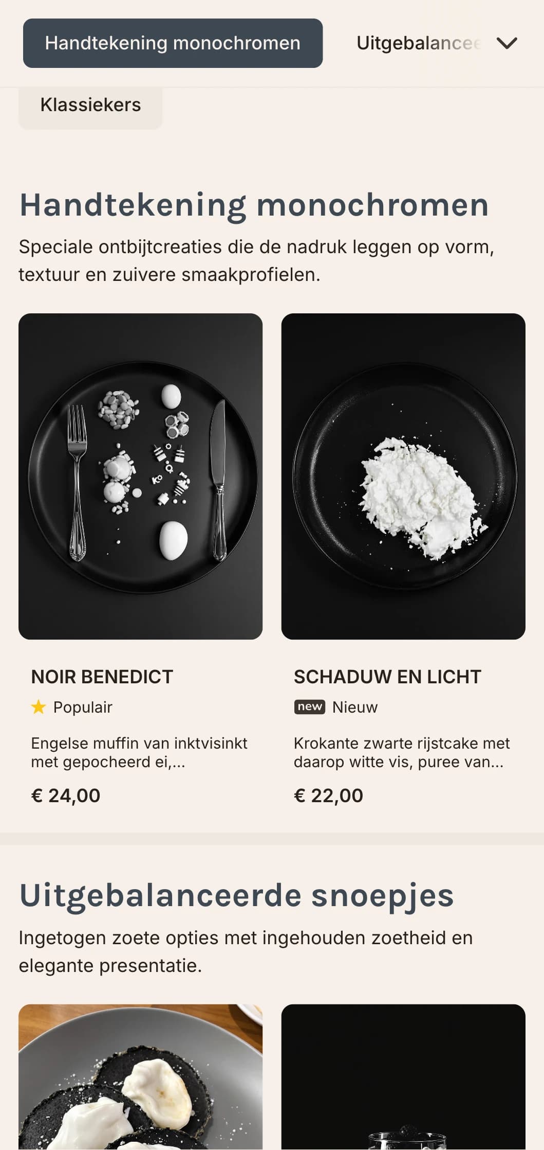 Strakke, stijlvolle ontbijtopties gepresenteerd in een opvallend monochroom palet voor het designbewuste diner.