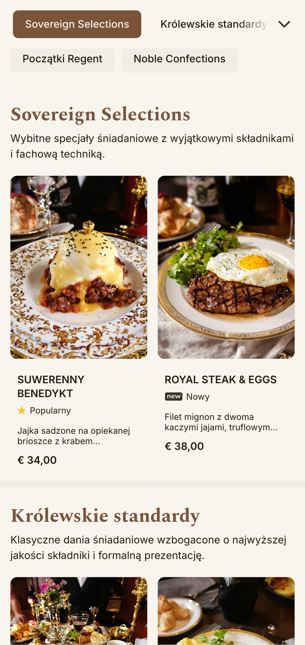 Wyrafinowane poranne posiłki inspirowane luksusowymi hotelowymi restauracjami, prezentowane z elegancką formalnością i najwyższej jakości składnikami.