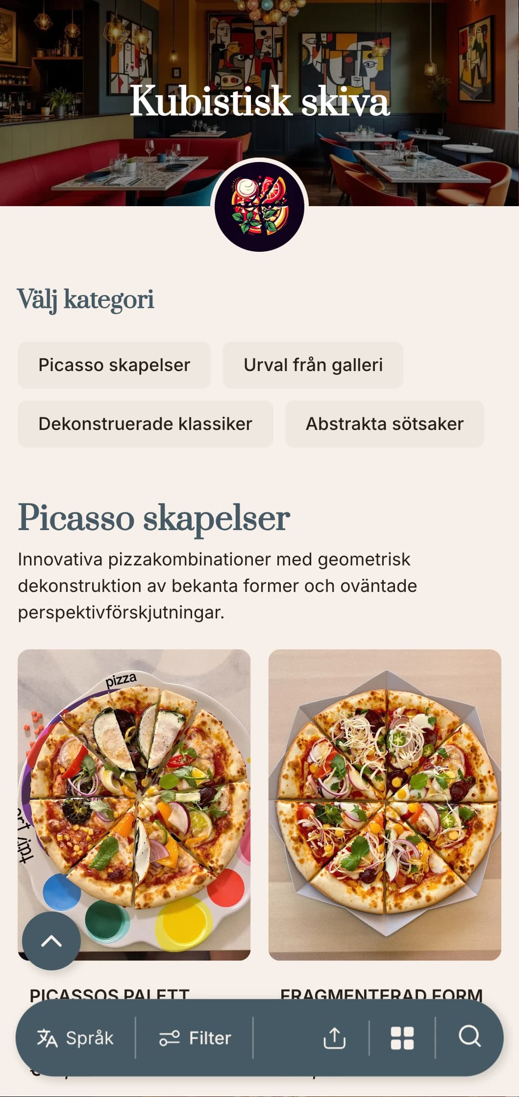 Picasso-inspirerad pizzameny med abstrakta geometriska element och konstnärlig layout.