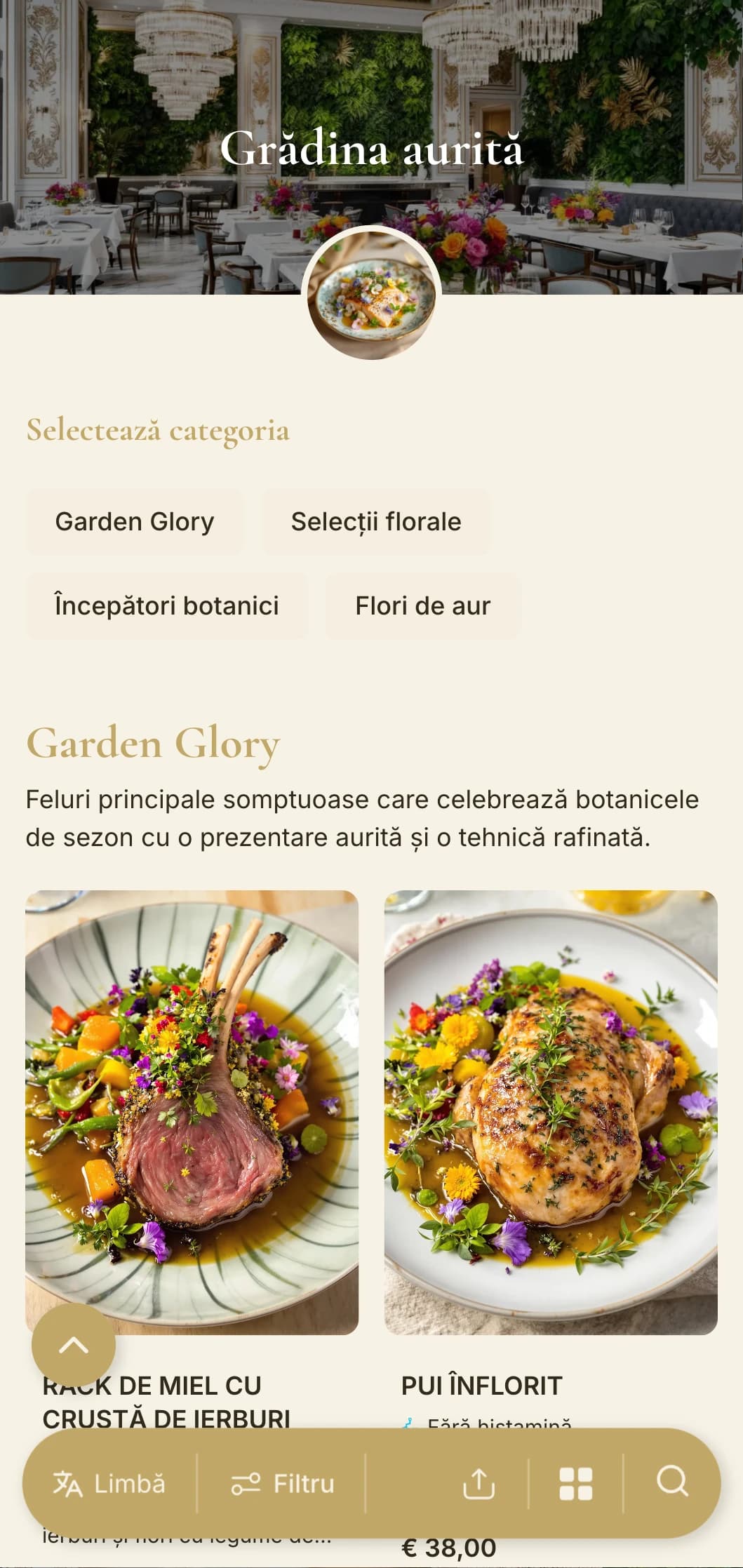 Concept botanic opulent care combină verdele luxuriant cu accente aurii și elemente rafinate inspirate din grădină.