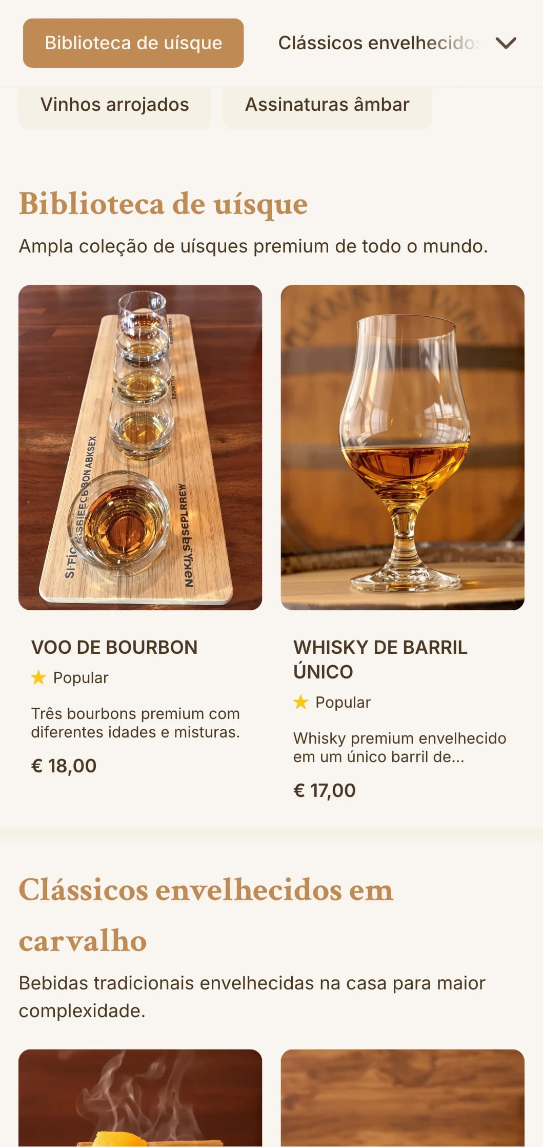 Design âmbar rico com texturas de madeira para bares especializados em uísque e bourbon.