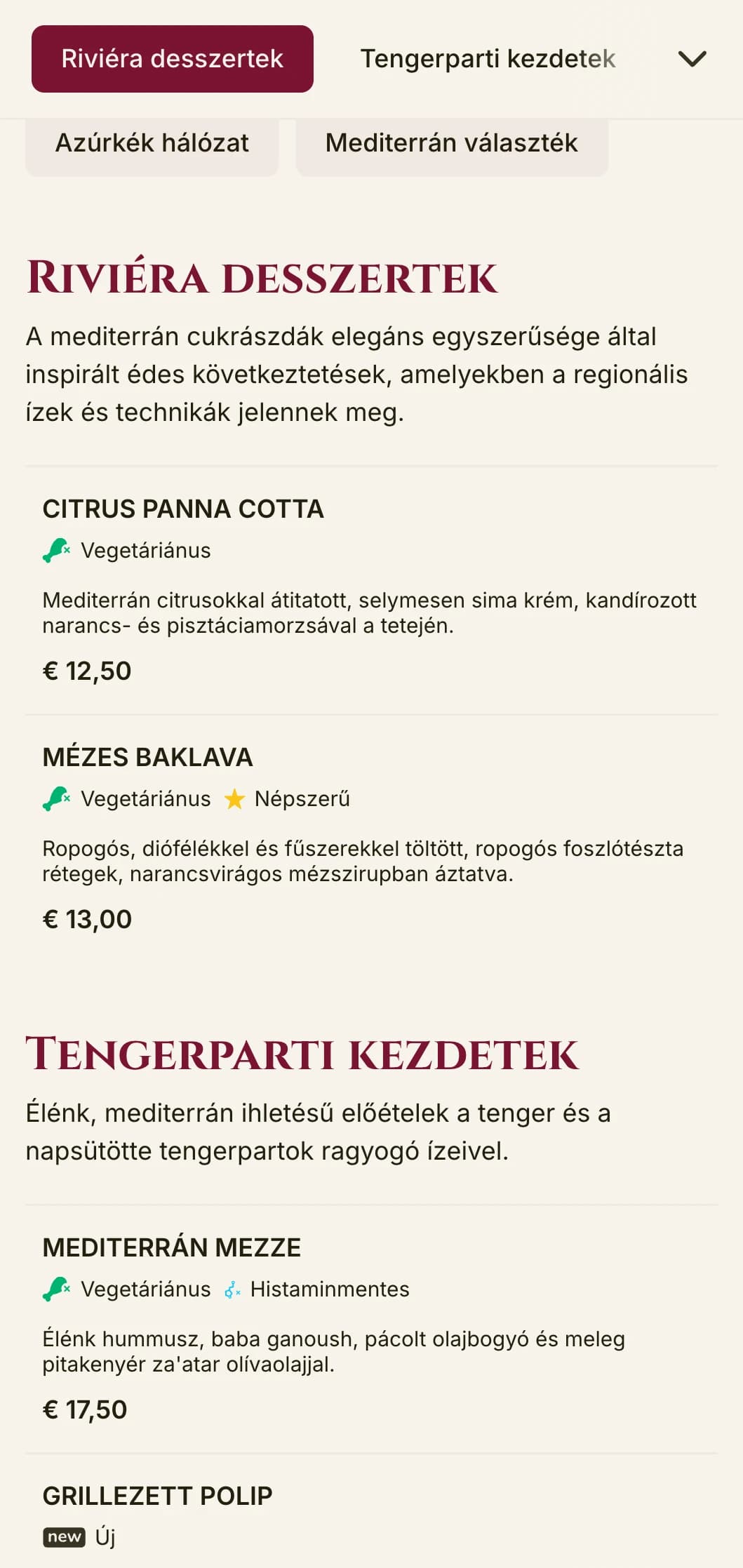 Feltűnő, mediterrán ihletésű ebédmenü-dizájn élénk hangsúlyokkal és elegáns elrendezéssel, amely tökéletes az előkelő tengerparti éttermek és nyaralóhelyi éttermek számára.