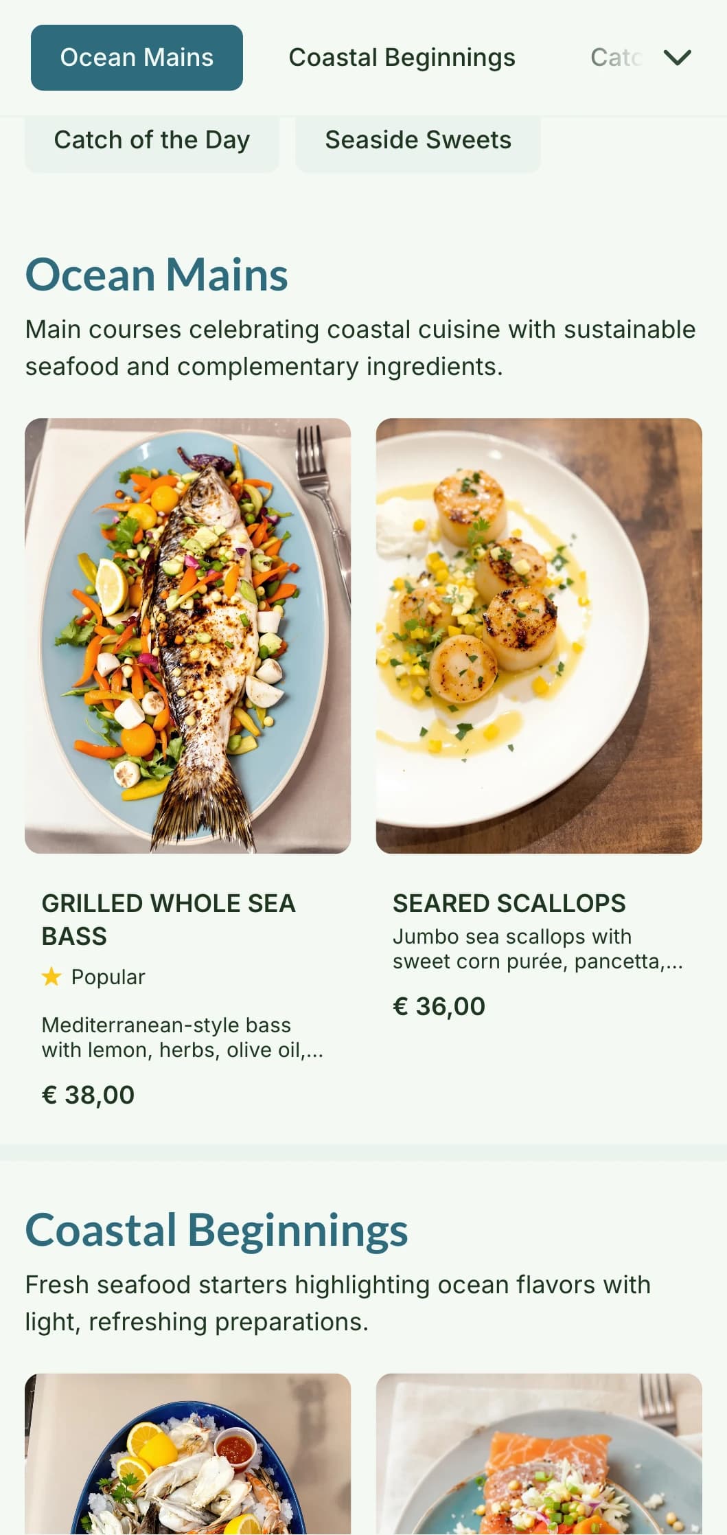 A fresh and airy dinner menu design inspired by coastal living, featuring soft blues and natural textures, perfect for seafood restaurants.