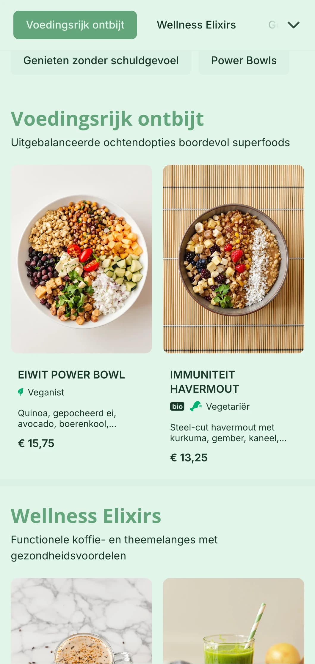 Fris groen ontwerp met de nadruk op gezonde opties voor wellnessgerichte cafés en sapbars.