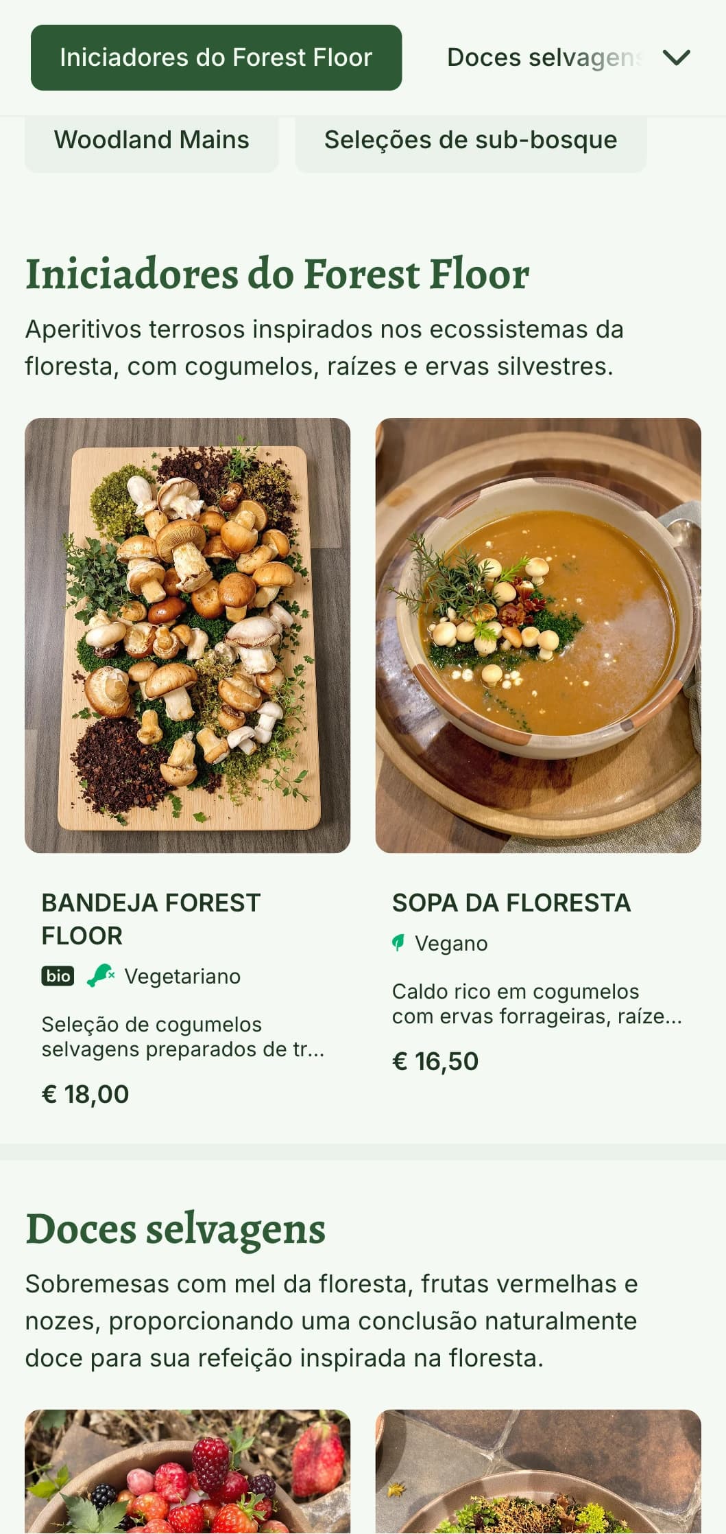 Design de cardápio de almoço místico, inspirado na floresta, com elementos florestais e texturas naturais, ideal para restaurantes em ambientes arborizados ou com temas florestais.