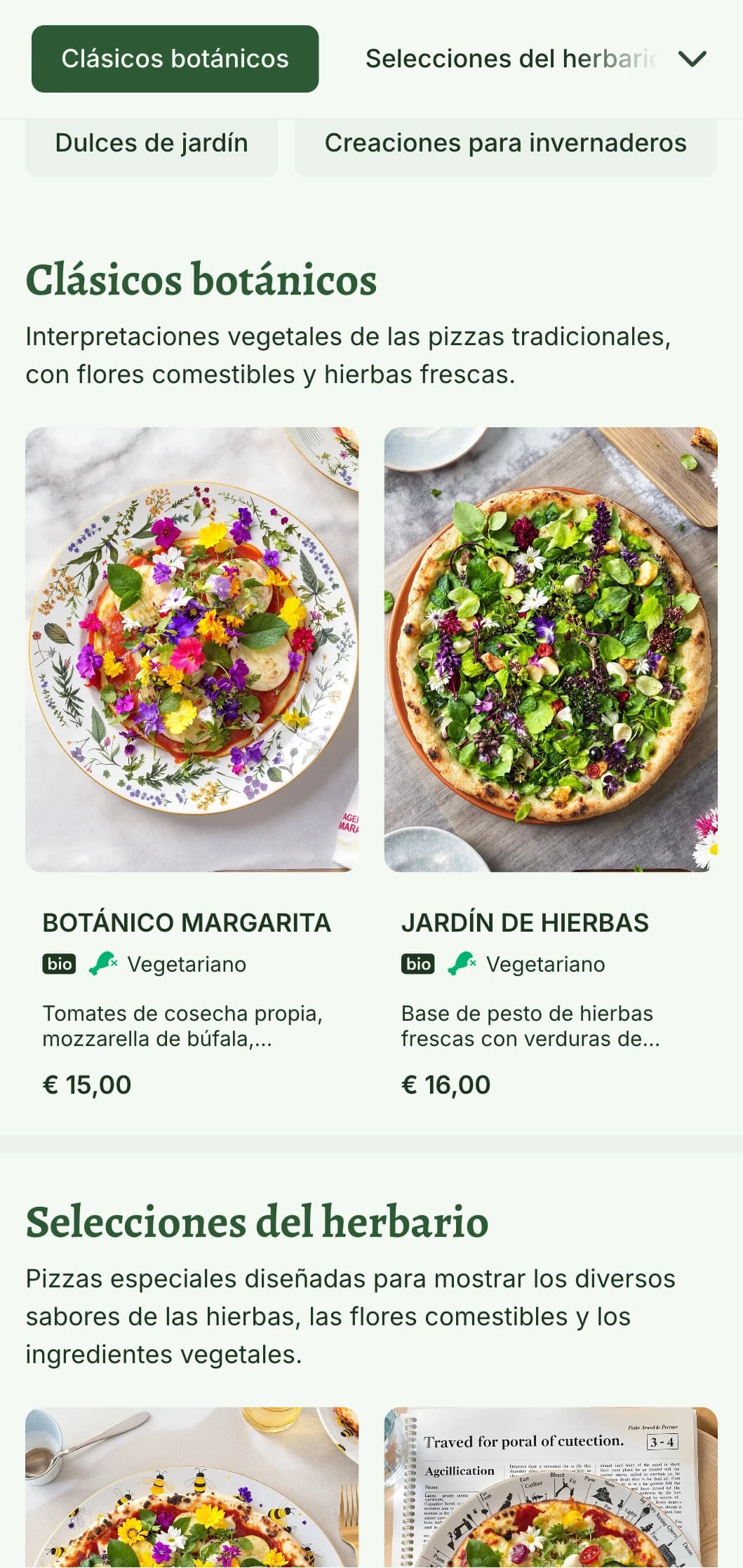 Menú de pizza vegetal con ilustraciones botánicas y elementos de diseño naturales.