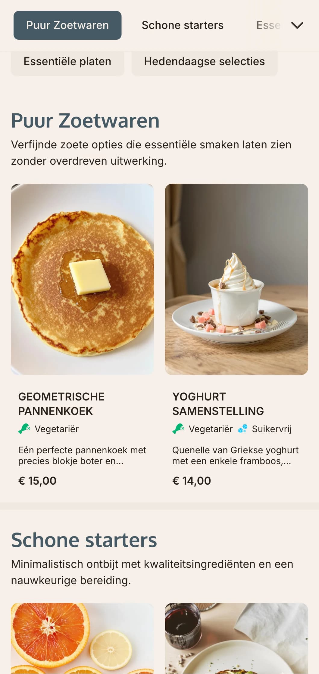 Eigentijds ochtendmenu met strakke lijnen, precieze porties en innovatieve combinaties van ingrediënten.