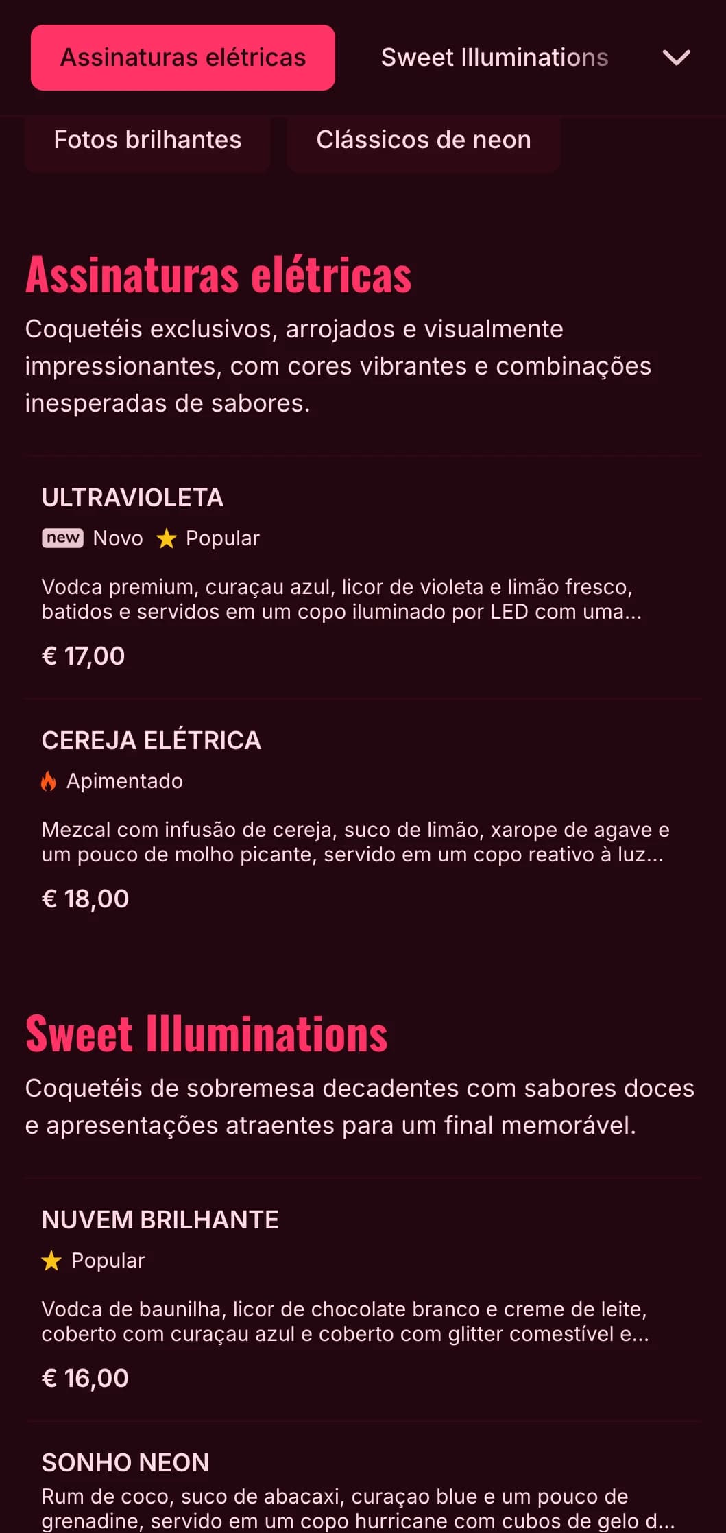 Um design de cardápio ousado e vibrante inspirado na vida noturna em neon, perfeito para bares de coquetéis e casas noturnas contemporâneas.