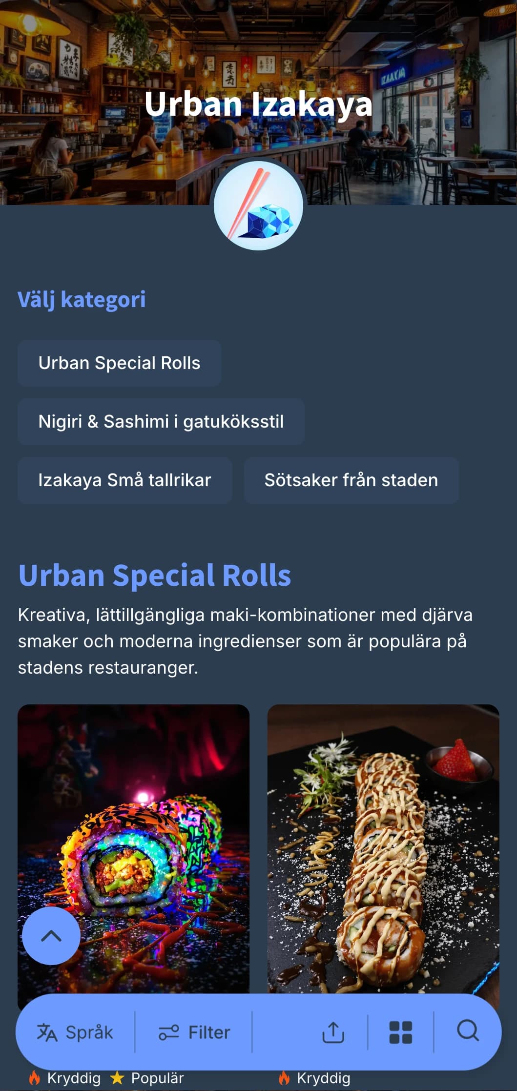 Samtida japansk pubmeny med urban känsla, med svala blåtoner mot djupt marinblå för avslappnad middag.