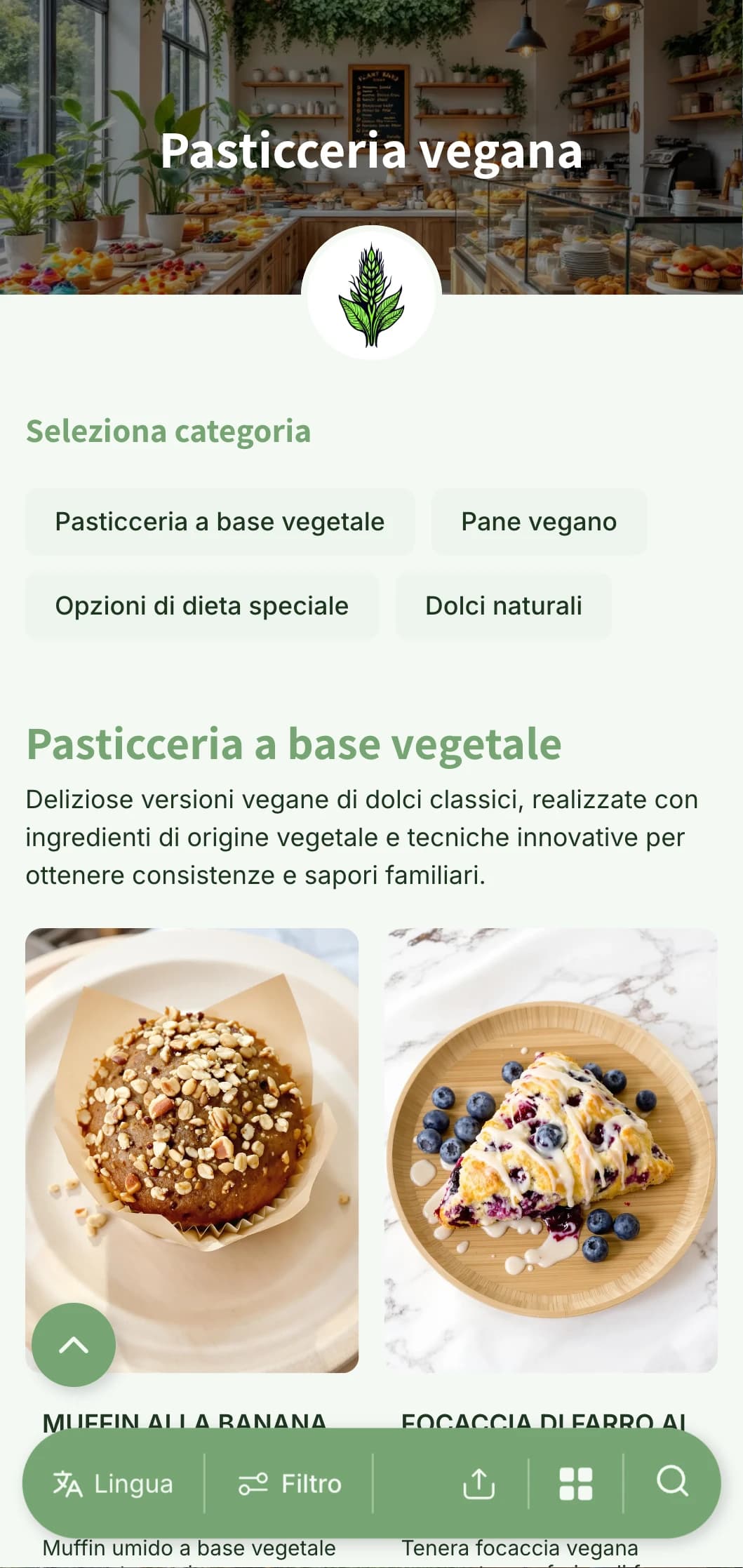 Un design per il menu di una panetteria fresco e a base vegetale, con toni verdi vivaci e tipografia pulita, perfetto per le panetterie vegane e i negozi eco-consapevoli.