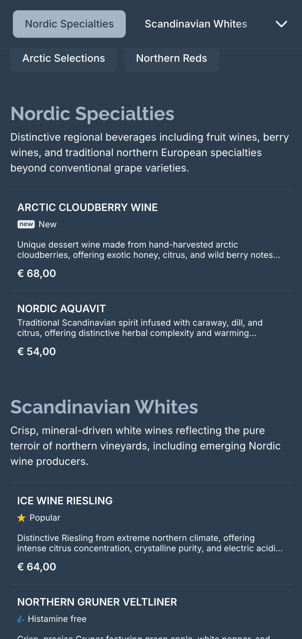 Scandinavian-inspired wine list template with cool blue tones and minimalist design, ideal for contemporary Nordic restaurants and international wine bars.