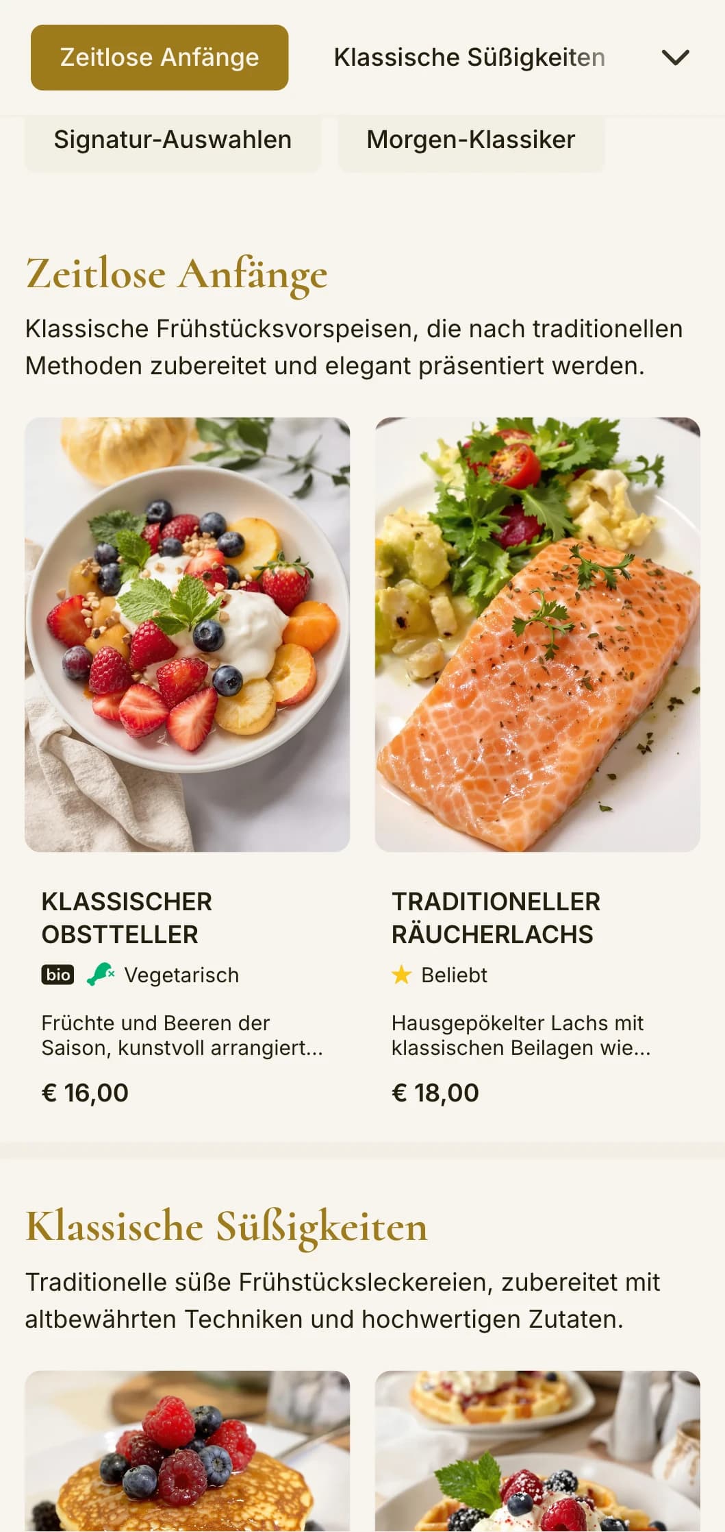 Elegante Frühstücksklassiker, präsentiert mit viel Liebe zum Detail und traditionellen Serviceelementen.
