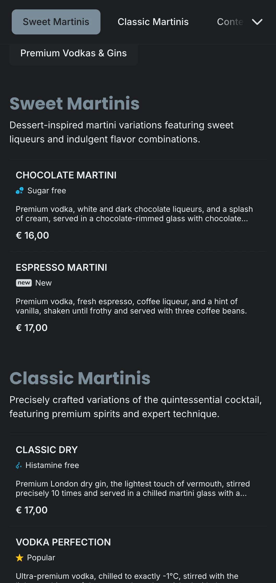 A sophisticated, urban menu design for martini bars and lounges with sleek typography and cool gray tones.