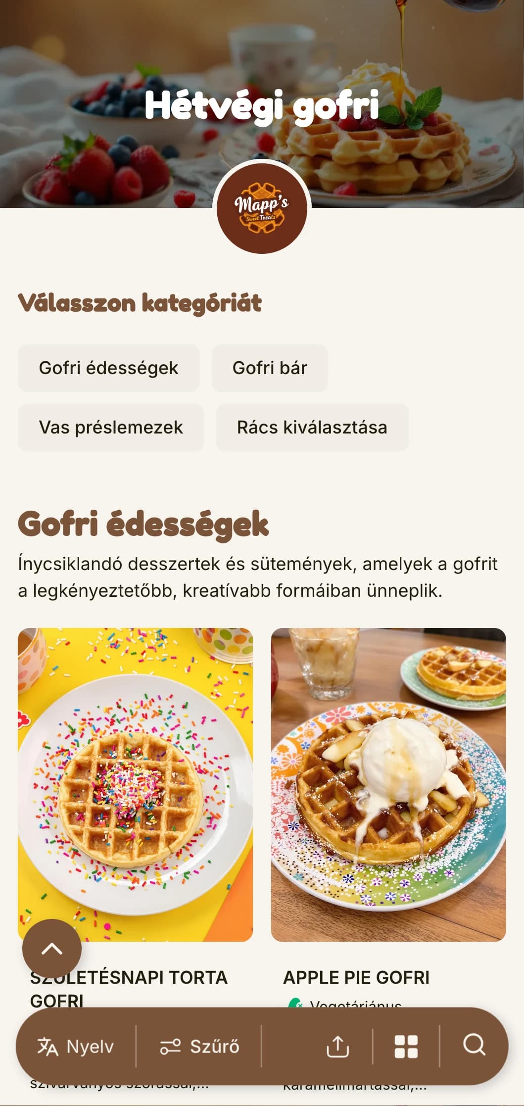 Meleg, játékos brunch sablon, amelynek középpontjában a gofri és az édes reggeli ajánlatok állnak, ideális a családbarát kávézók számára.