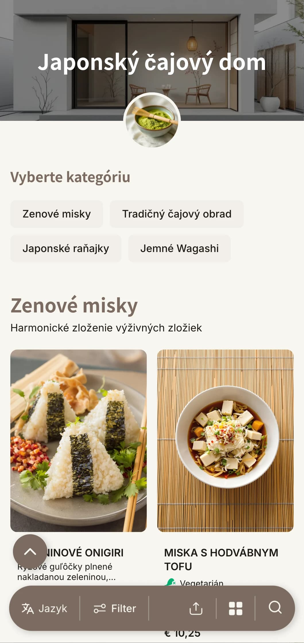 Minimalistický dizajn inšpirovaný japonskou estetikou pre čajovne a zenové kaviarne.