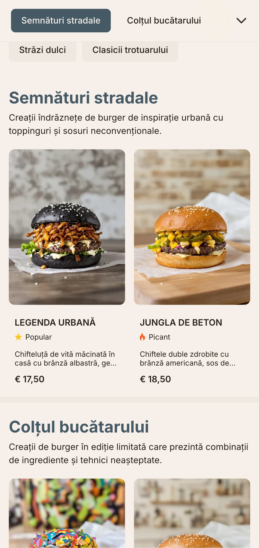 Design inspirat de mâncarea urbană stradală, cu contraste puternice și elemente de artă stradală pentru o experiență contemporană de burger casual.