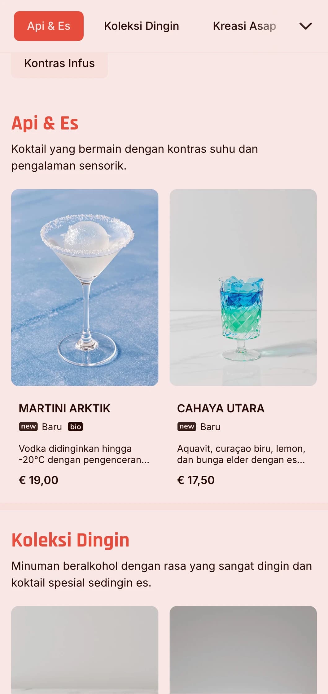 Desain biru dan merah yang dinamis bermain dengan elemen panas dan dingin untuk bar yang inovatif.