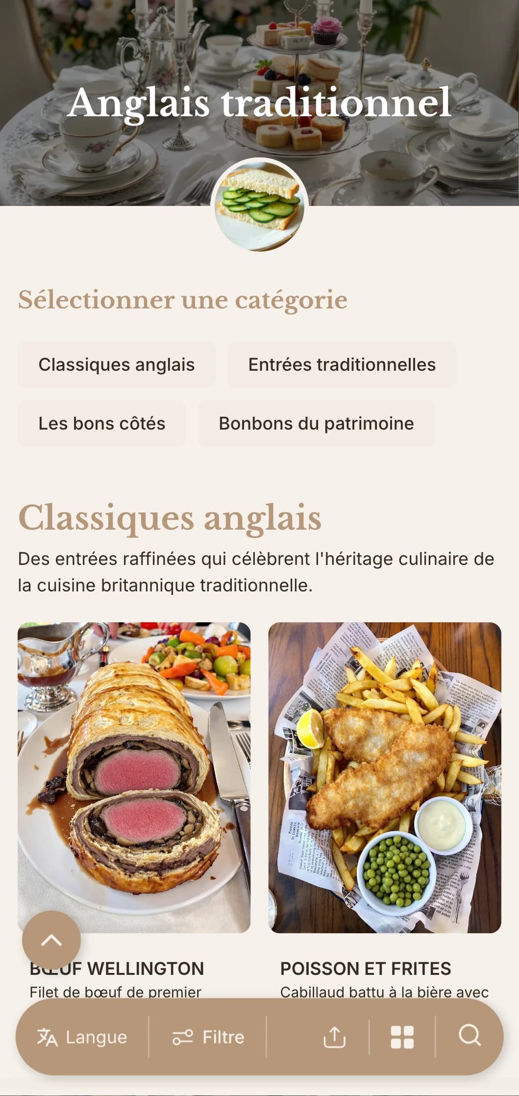 Traiteur classique d'inspiration britannique proposant des recettes traditionnelles, un service soigné et une présentation raffinée pour les événements de type "high tea" et les rassemblements formels.