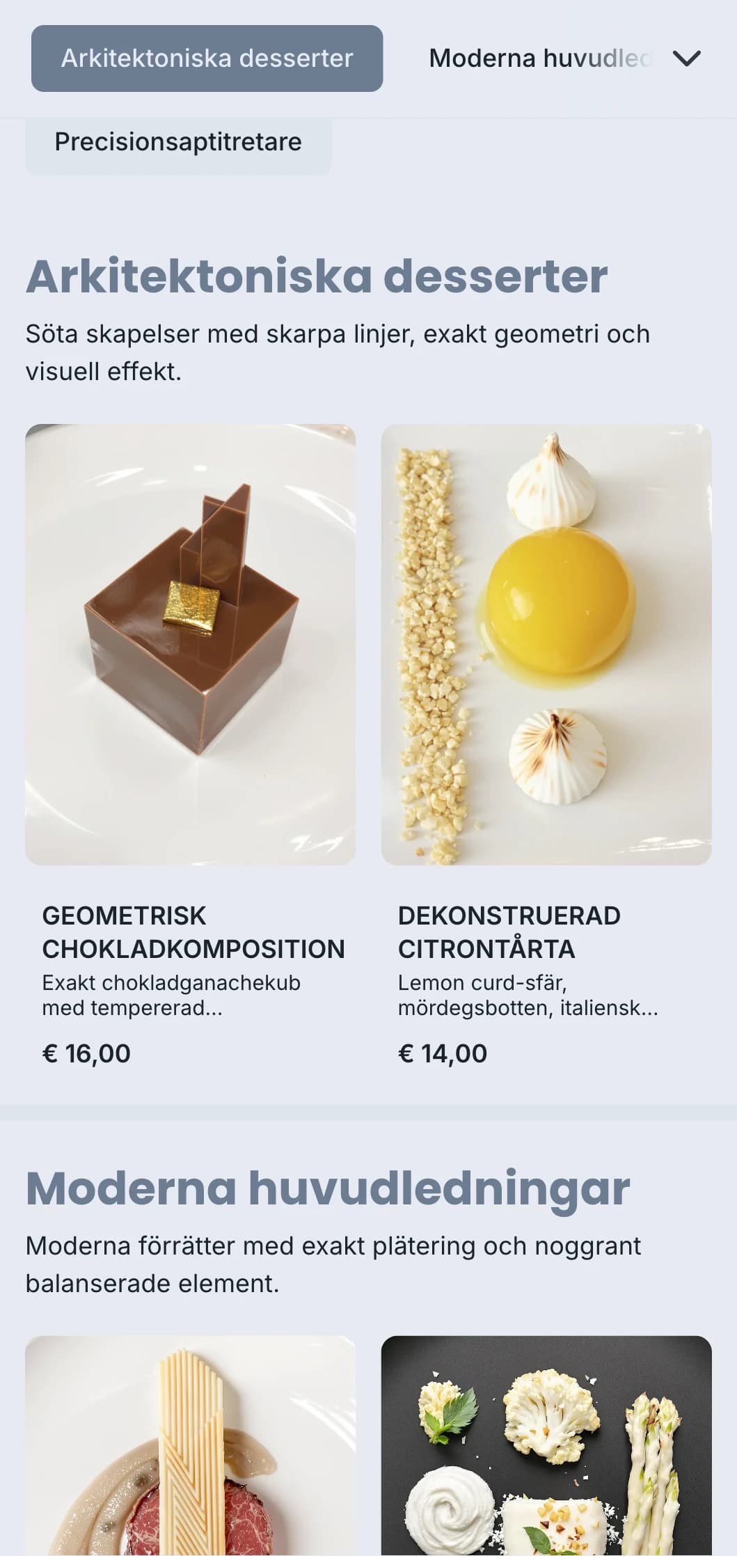 Ren, strukturerad cateringdesign med geometriska tallrikar, exakta portioner och monokromatiska färgscheman för moderna evenemang.